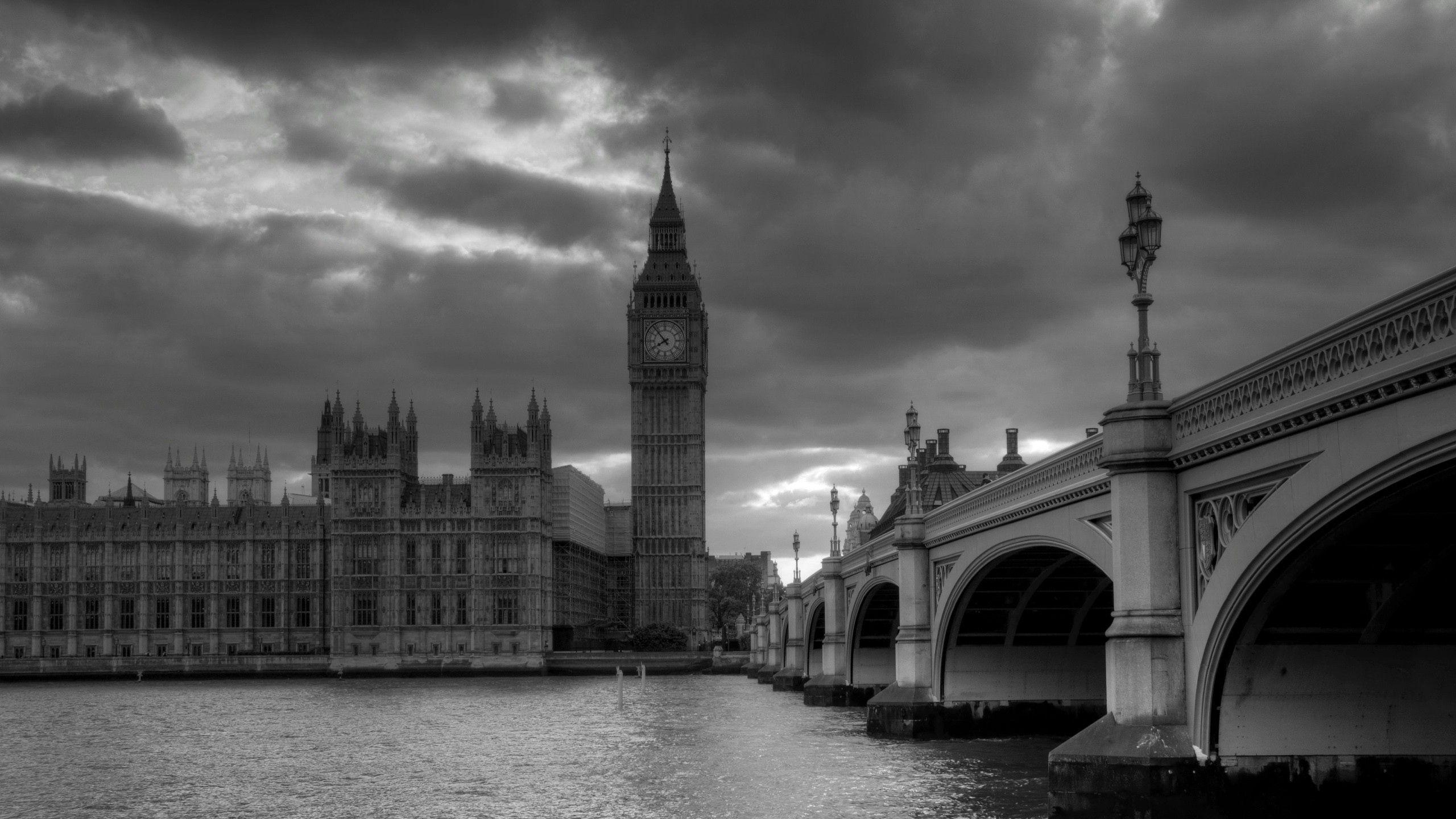 2560x1440 Download Wallpaper 2560x1440 London, Bridge, Big ben, Black white