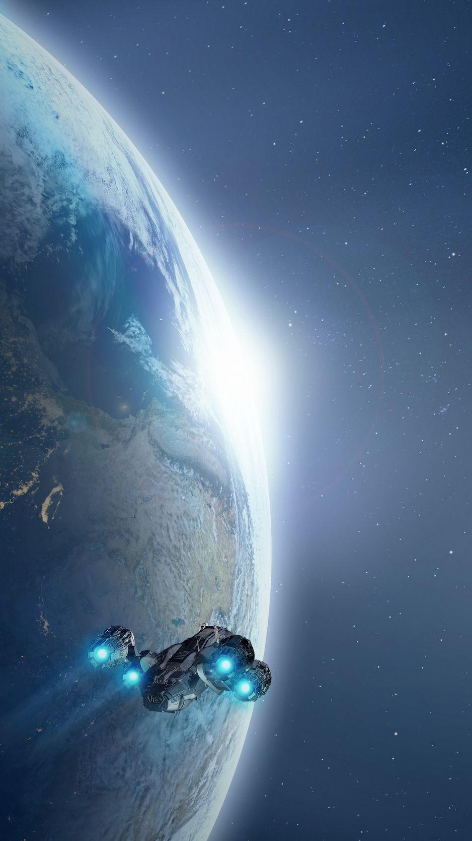 938x1668 Planet, spaceship, lights, cosmos, universe wallpaper