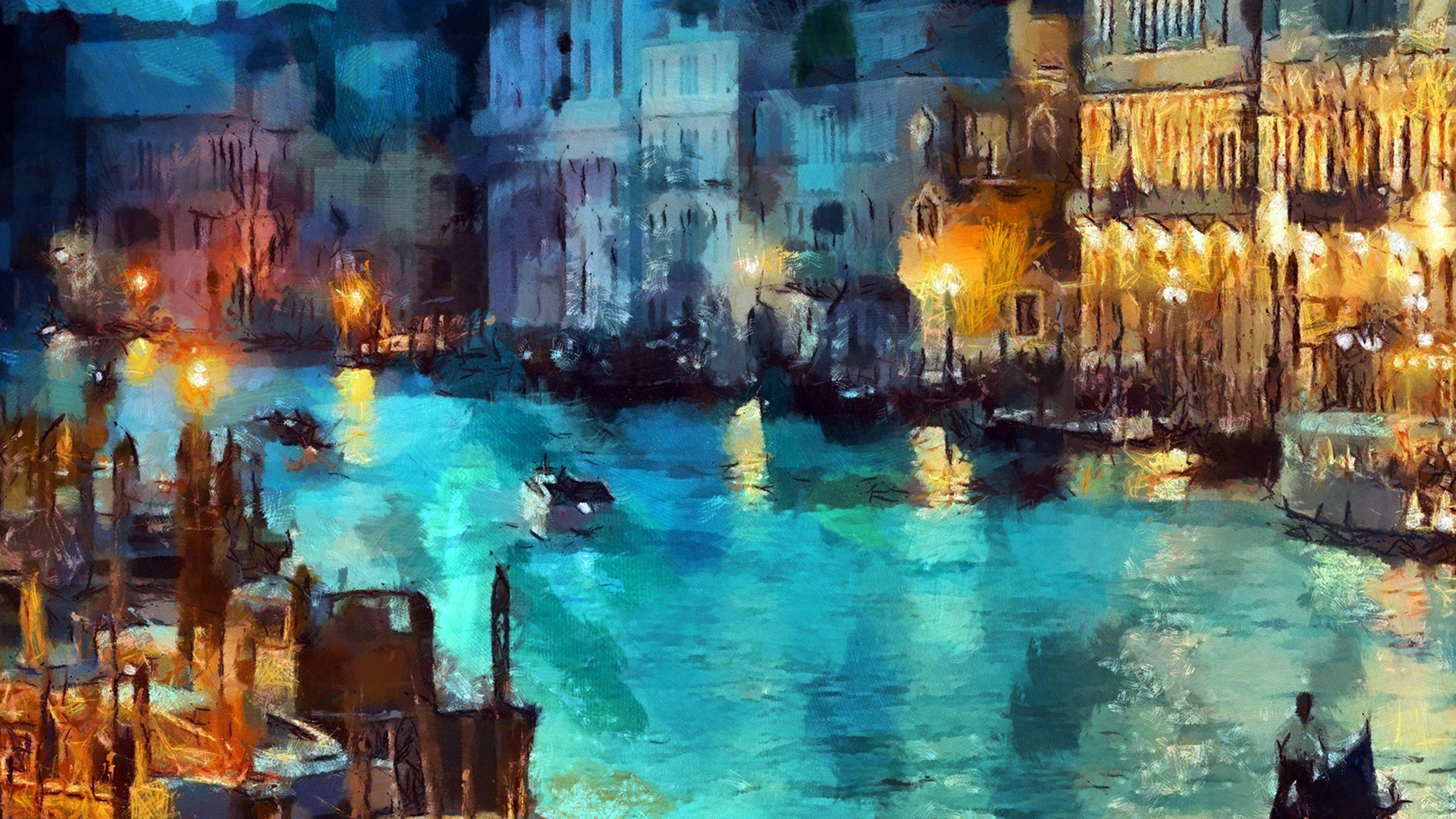 3840x2160 Art Classic Painting Water Lake Night Blue Wallpaper