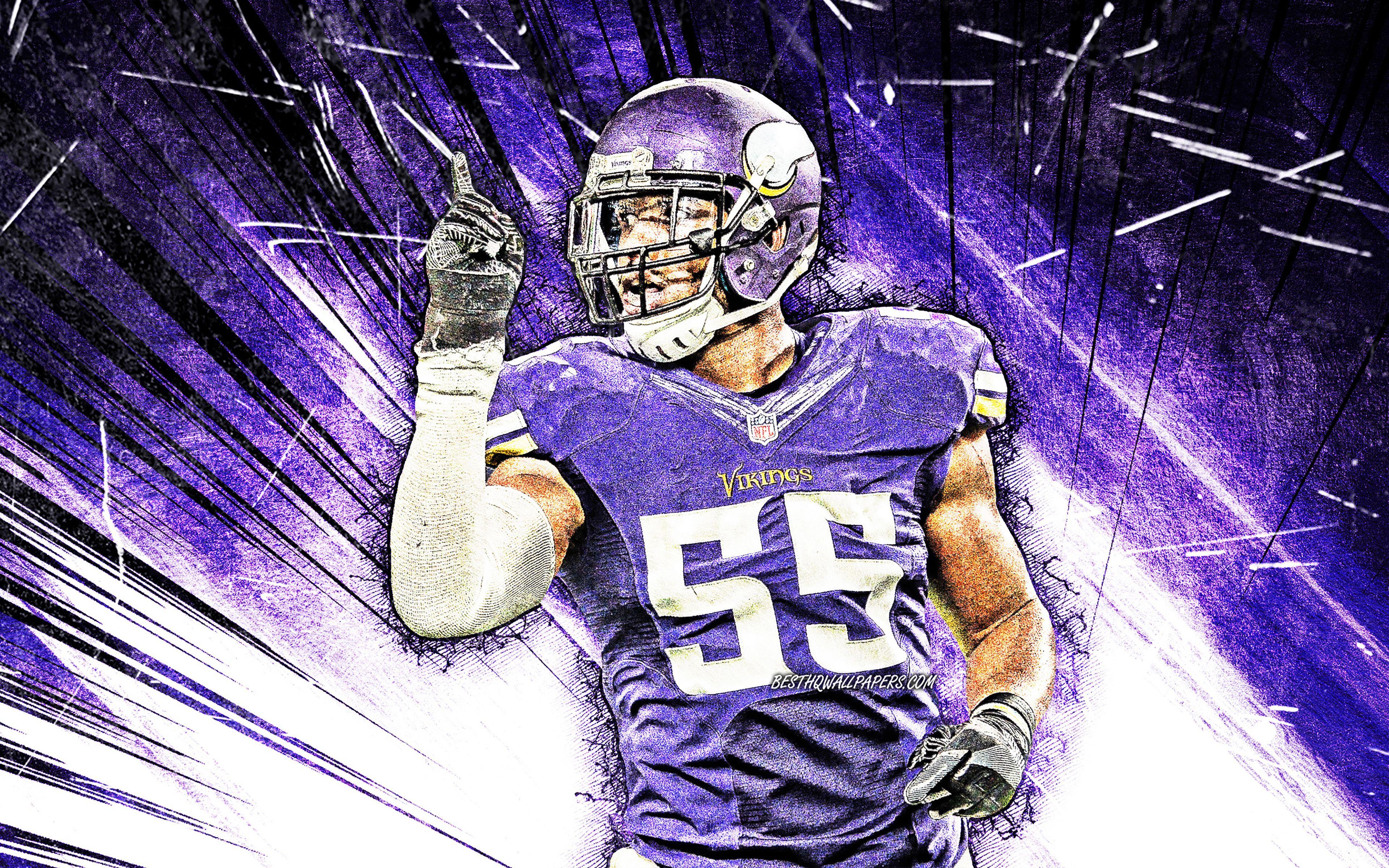 3840x2400 Download wallpaper 4k, Anthony Barr, grunge art, linebacker, Minnesota Vikings, american football, NFL, National Football League, violet abstract rays, Anthony Barr Minnesota Vikings, Anthony Barr 4K for desktop with resolution 3840x2400. High