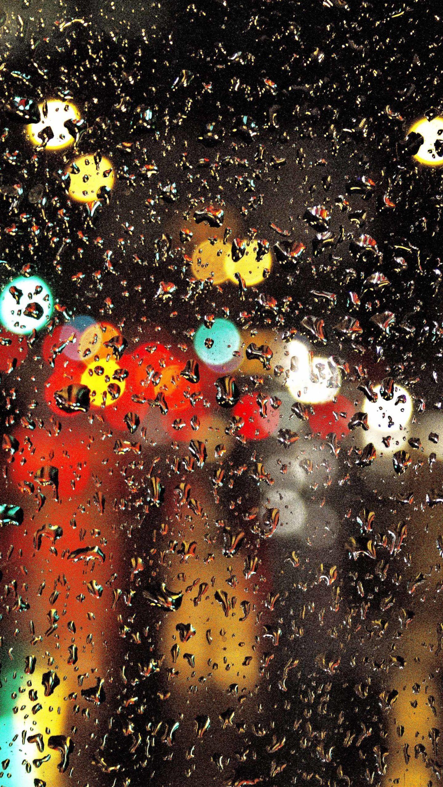 1440x2560 Bokeh Traffic Lights Rain Drops Window Glass 4K Ultra HD Mobile Wallpaper