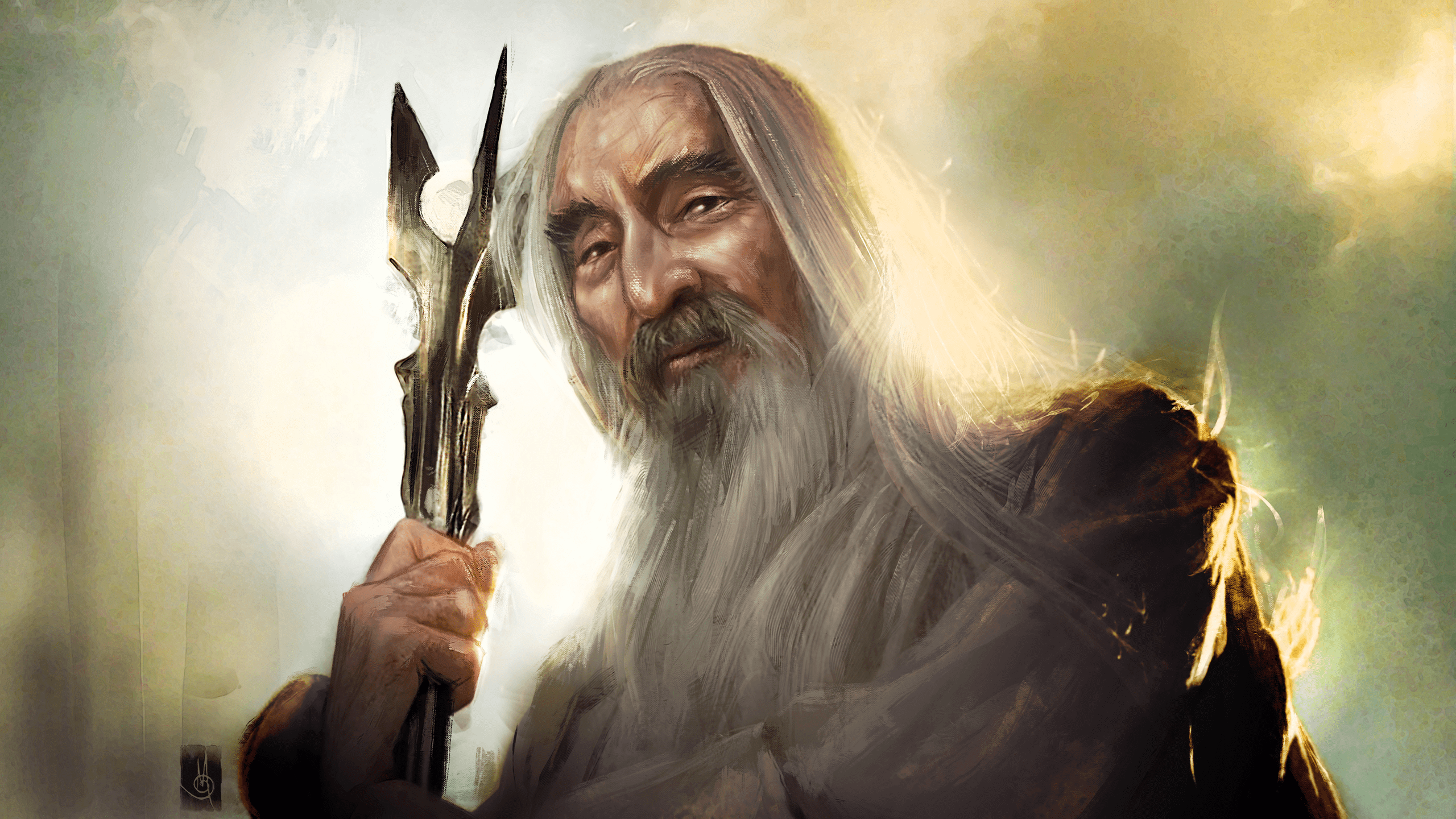 2560x1440 #portrait, #artwork, #staff, #beards, #wizard, #Christopher Lee, #The Lord of the Rings, #old people, #fantasy art, #Saruman, wallpaper