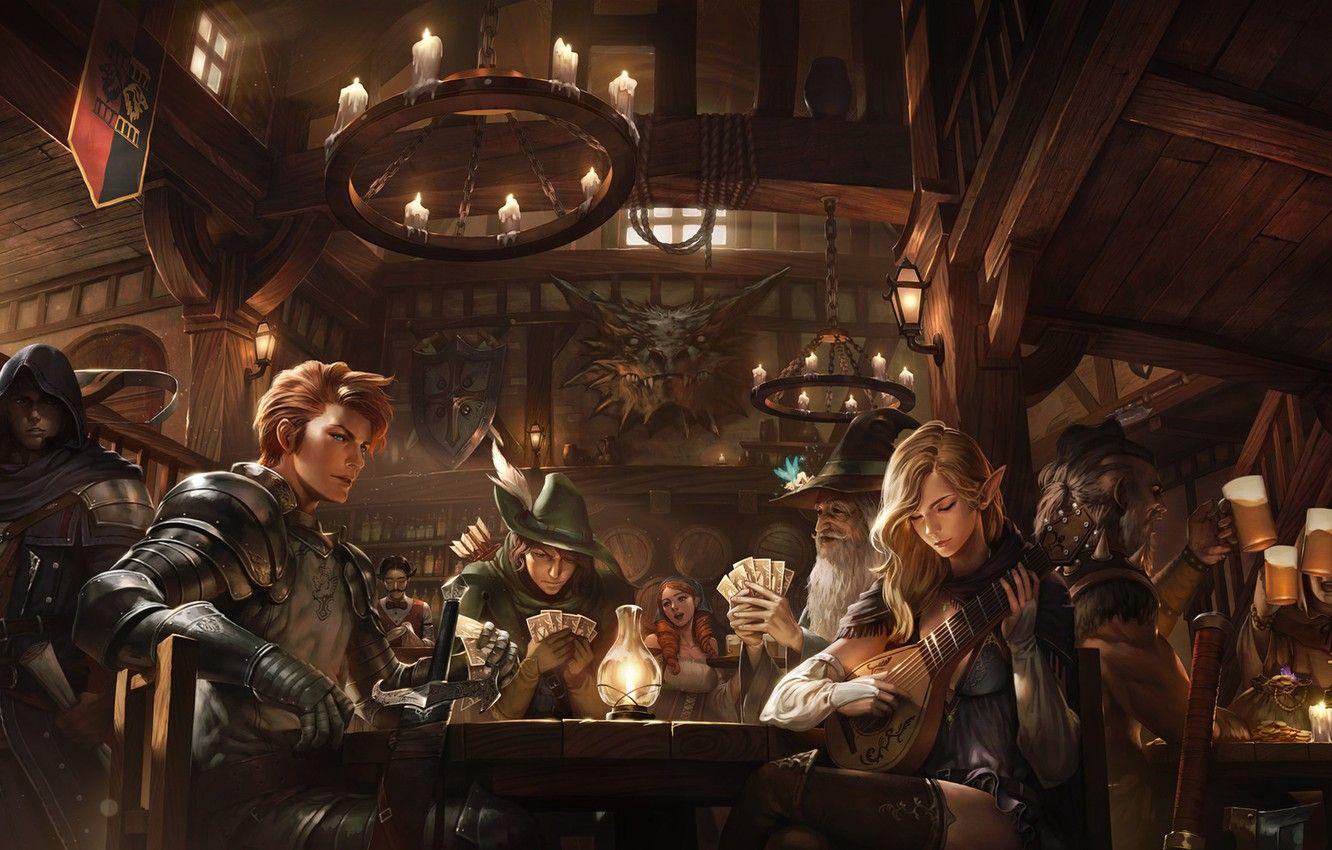 1332x850 Wallpaper girl, sword, guitar, fantasy, armor, old, boy, beer, weapons, artwork, candles, table, warrior, wizard, fantasy art, arrows image for desktop, section фантастика