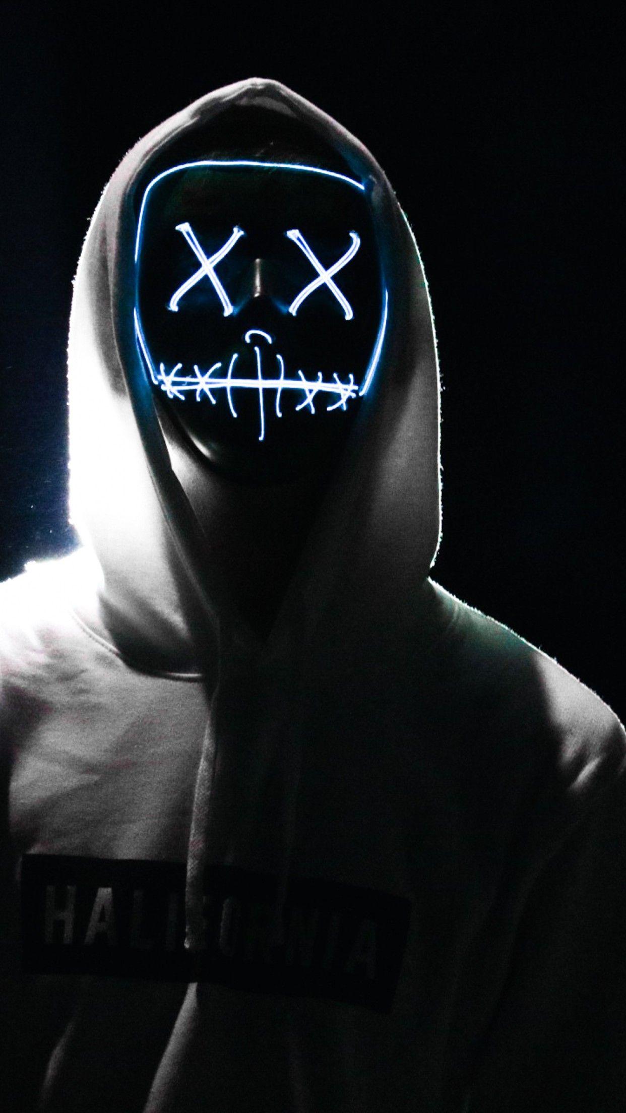 1242x2208 Man 4K Wallpaper, LED mask, Dope, Night, Anonymous, Hoodie, AMOLED, Black background, 5K, Photography