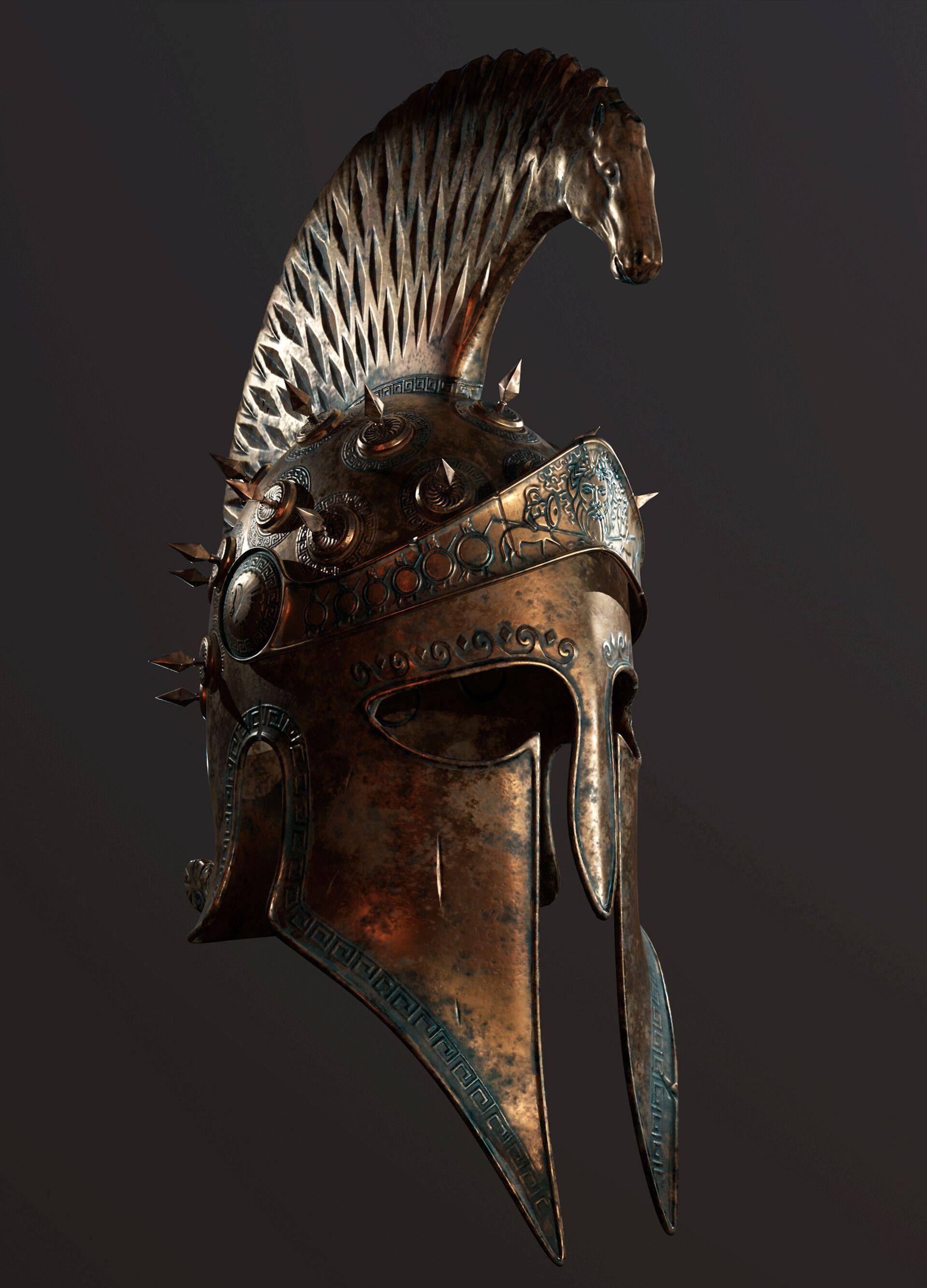 1920x2667 Corinthian inspired fantasy helmet by Etienne DEROTIt's game ready. Differents more realistics lightings below. Greek helmet, Ancient armor, Helmet armor