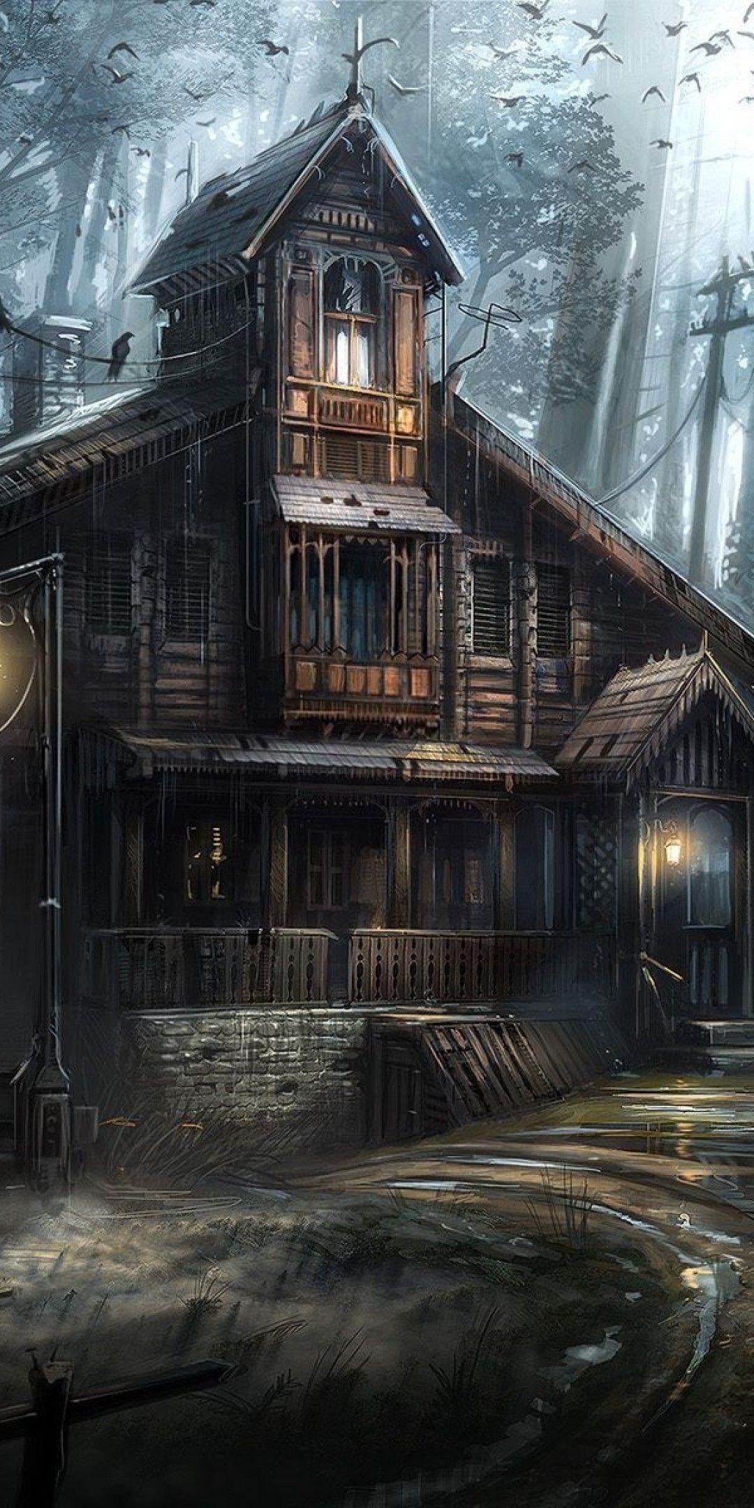 1080x2160 Download 1080x2160 Dark Forest, Crows, Haunted House, Horror Wallpaper for Huawei Mate 10
