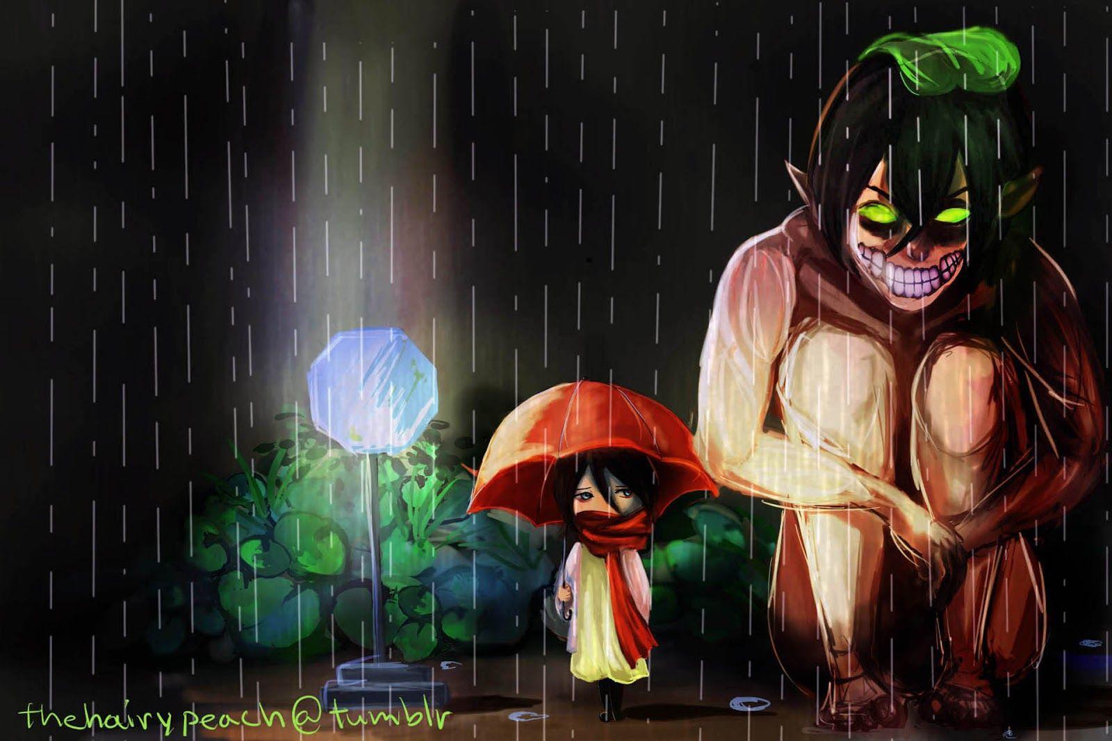 1600x1067 hd wallpaper: Chibi Eren Titan Form Mikasa a175
