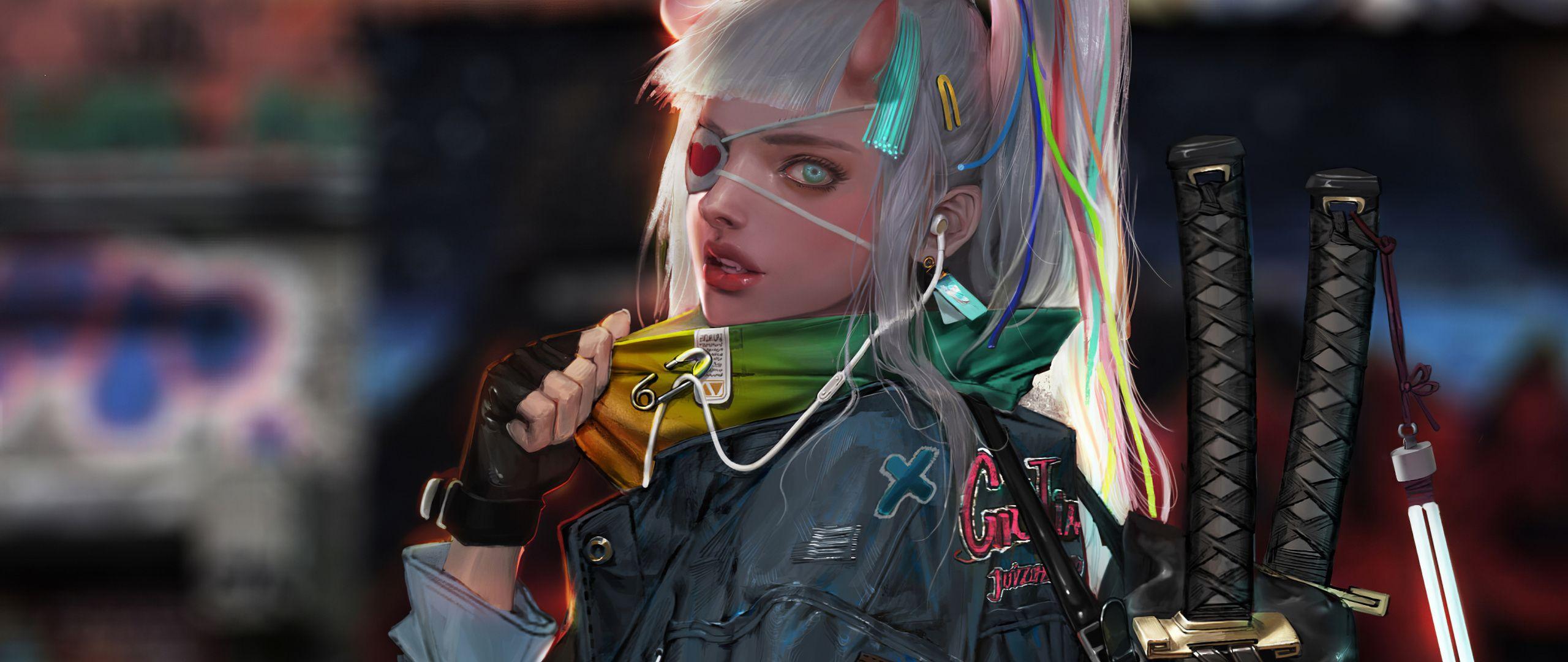 2560x1080 Download Devil girl, cyberpunk, girl warrior, art wallpaper, 2560x Dual Wide, Widescreen