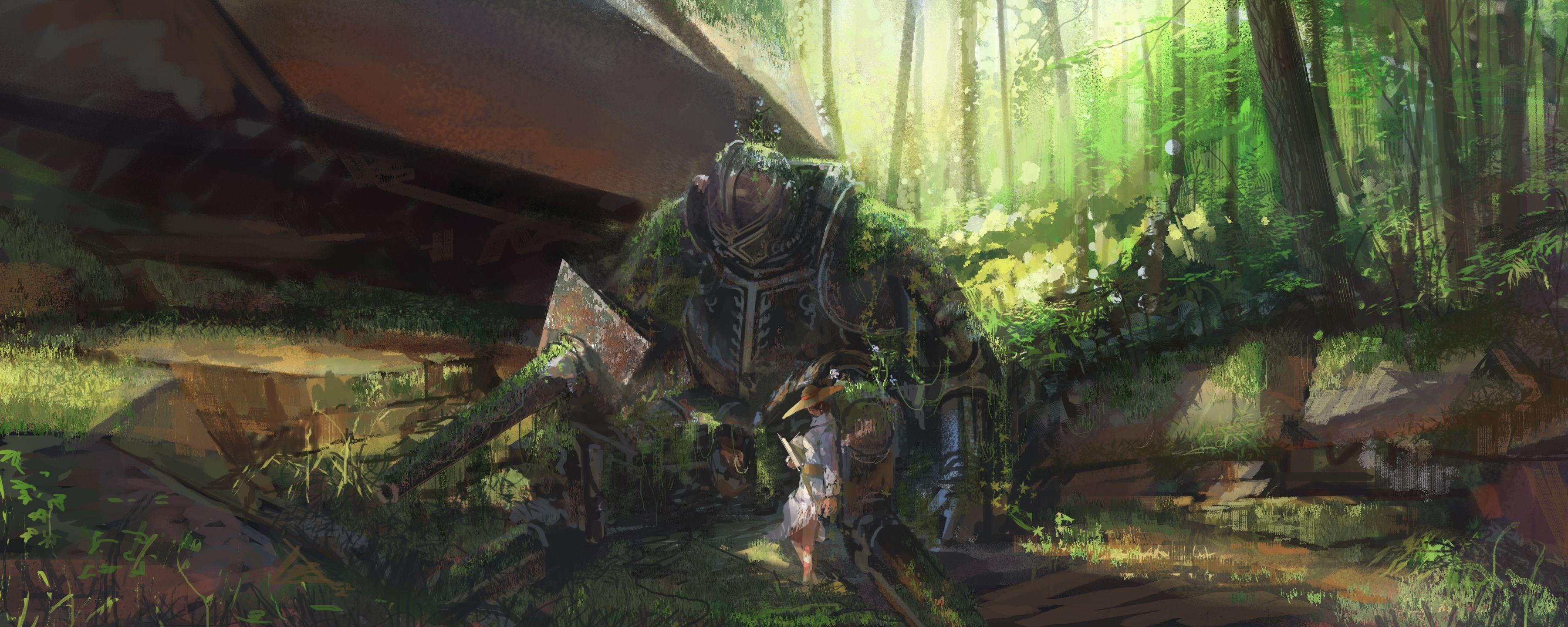 3600x1440 Forest Girl Moss Robot Woman Wallpaper:3600x1440