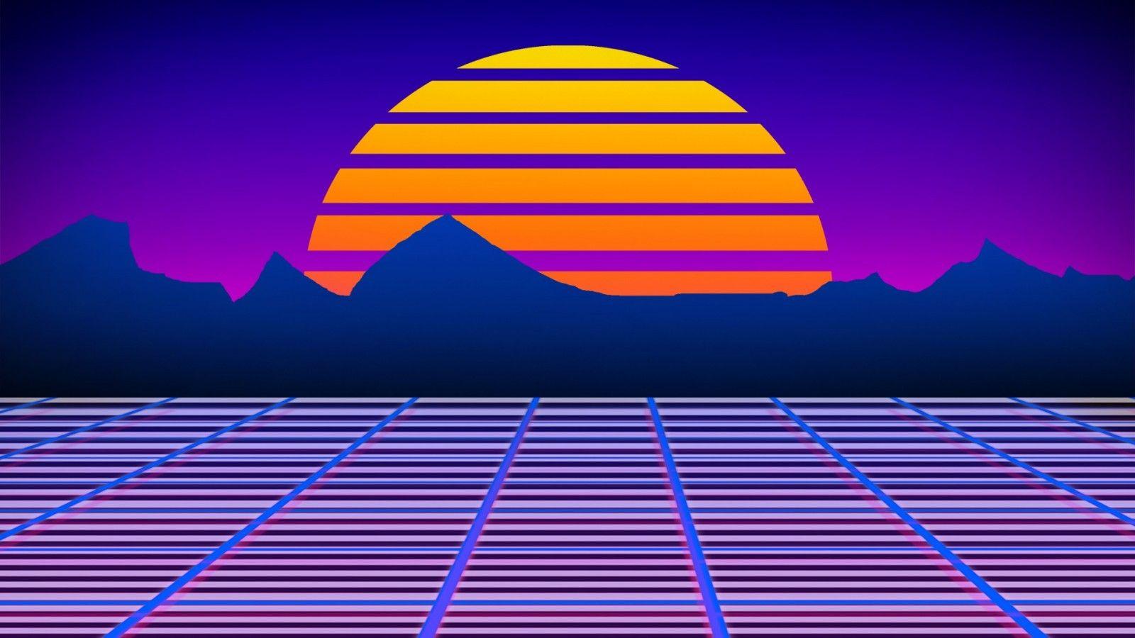 1600x900 1920x1080 neon lazer mohawk 1980s retro games robot grid digital art sunset sun colorful wallpaper JPG 306 kB