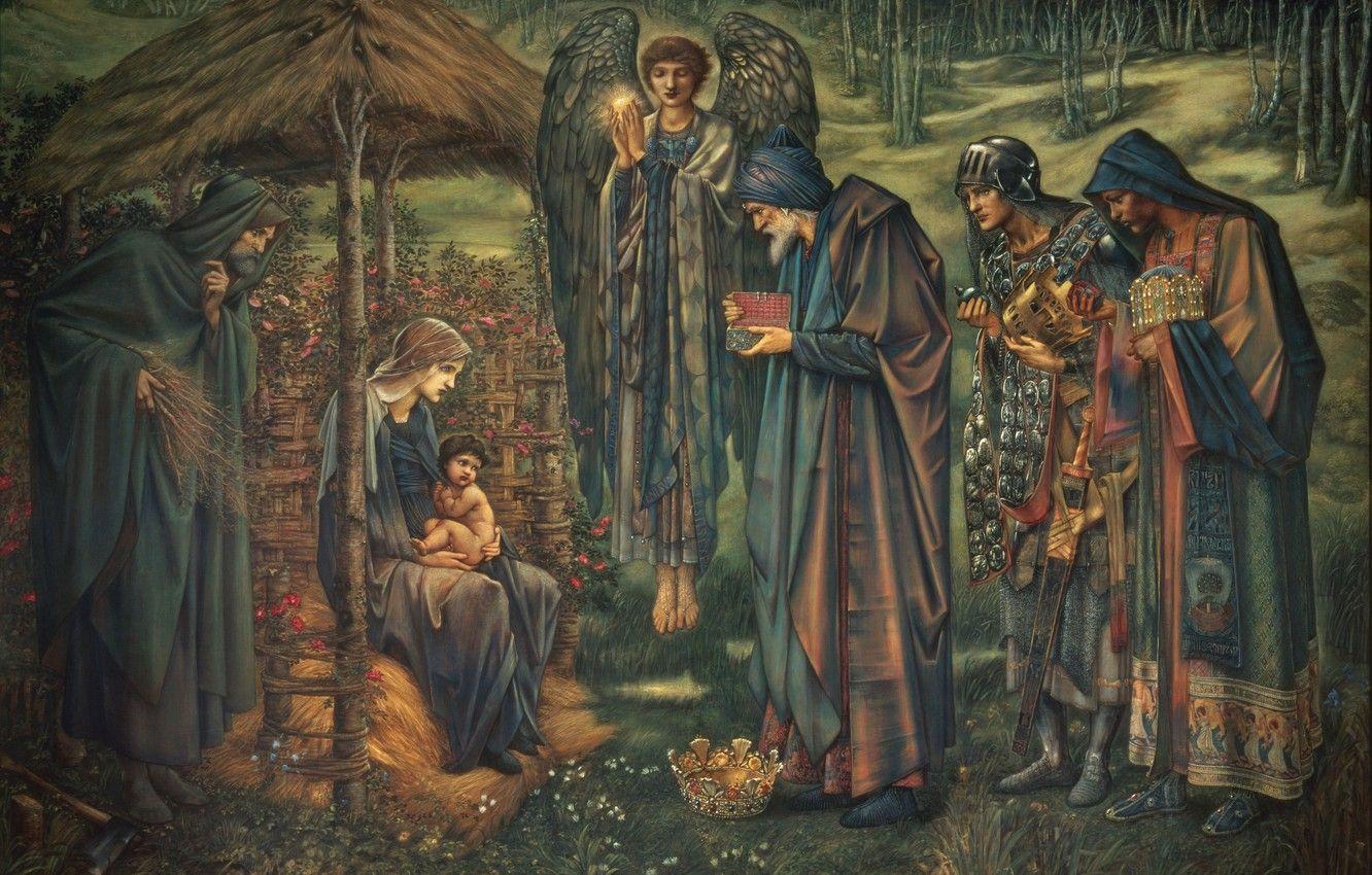 1332x850 Wallpaper roof, people, woman, angel, picture, crown, Christmas, straw, Museum, painting, art, men, baby, the Magi, illustration, Jesus Christ image for desktop, section живопись