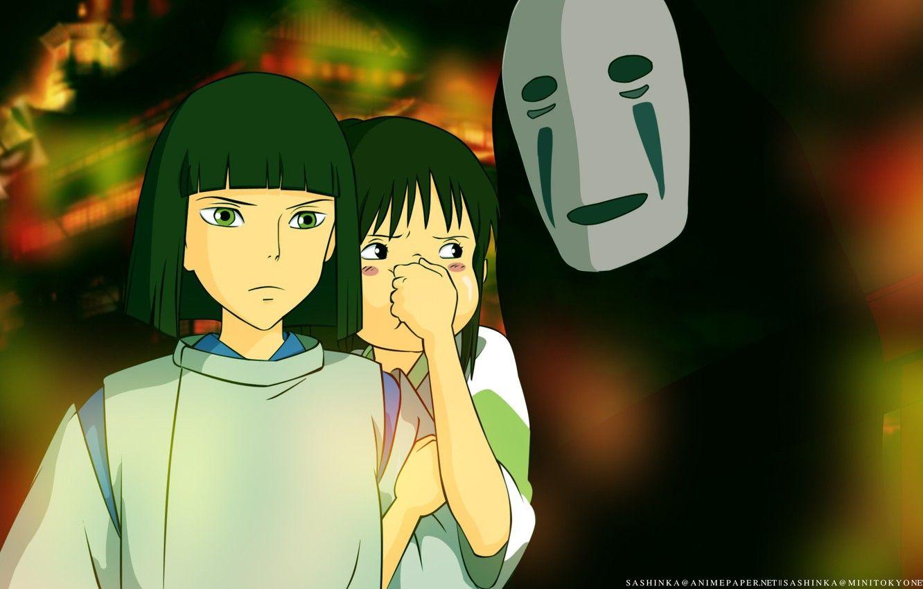 1332x850 Wallpaper children, mask, art, faceless, Hayao Miyazaki, Haku, Spirited Away, Spirited away, kaonashi, Chihiro, boy and girl image for desktop, section сёнэн