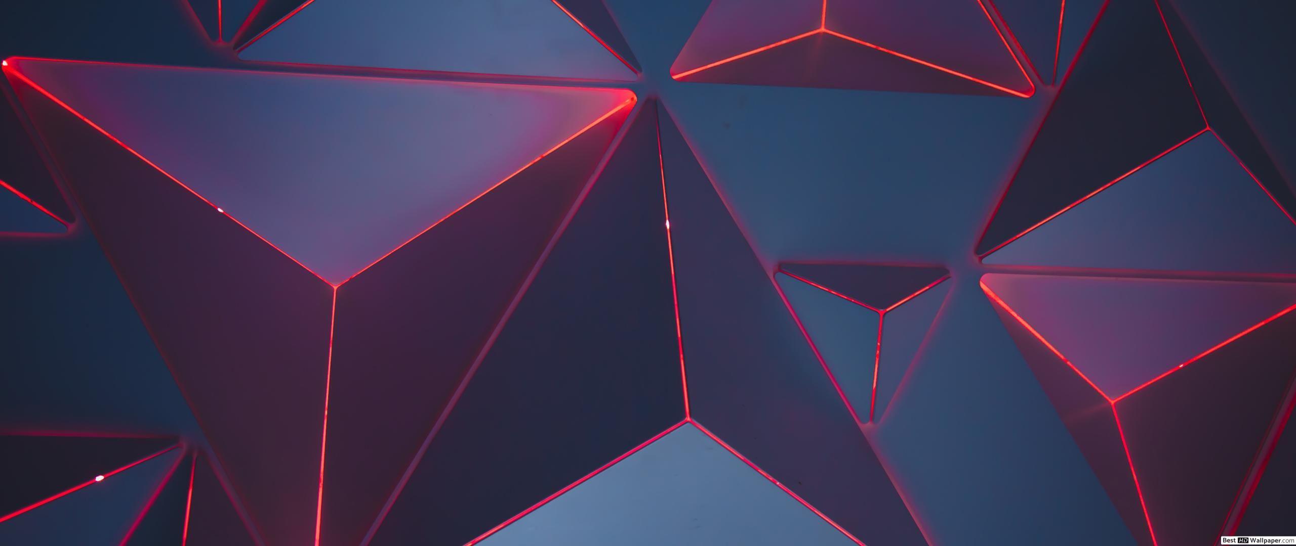 2560x1080 3D red neon triangles HD wallpaper download