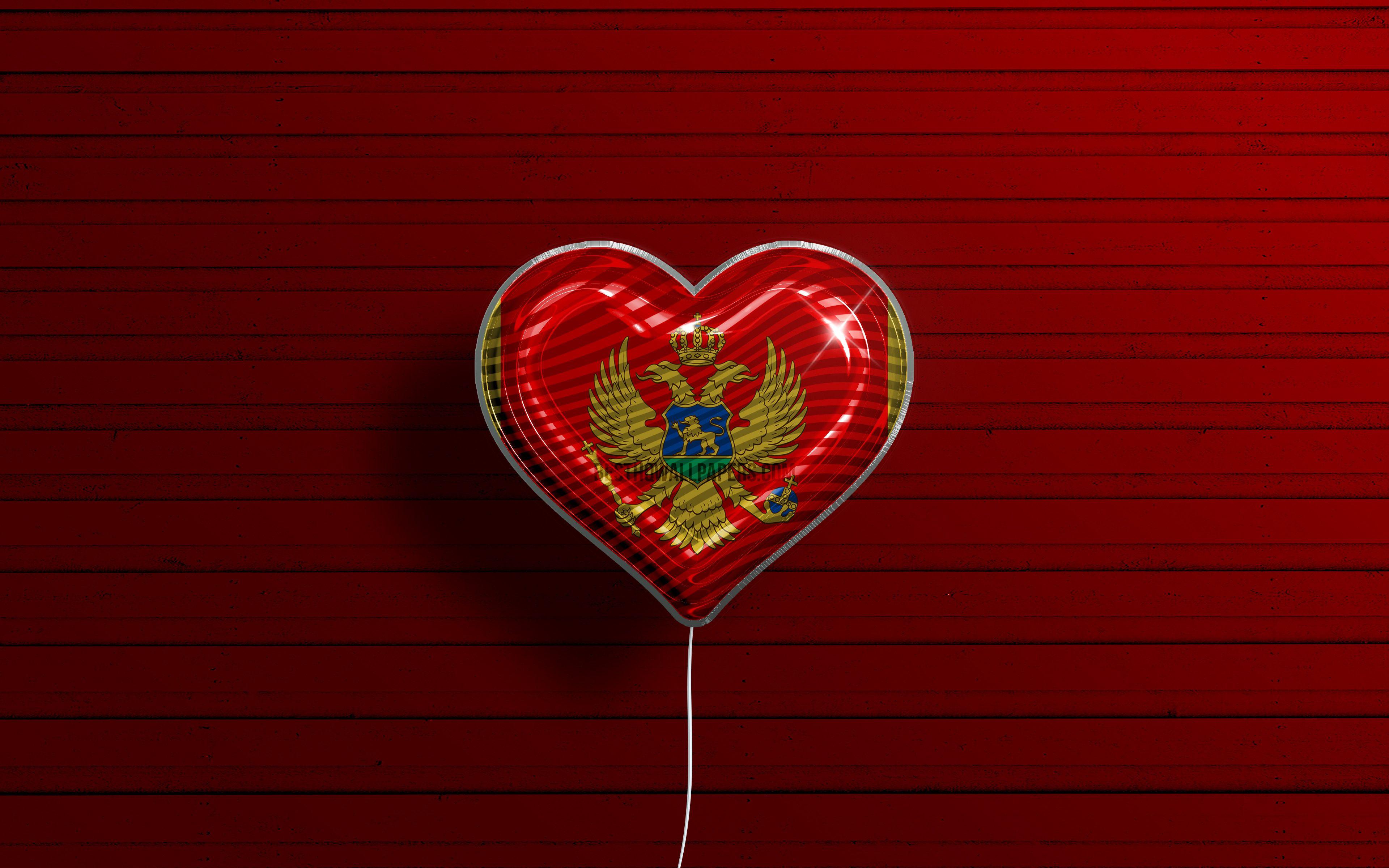 3840x2400 Download wallpaper I Love Montenegro, 4k, realistic balloons, red wooden background, Montenegrin flag heart, Europe, favorite countries, flag of Montenegro, balloon with flag, Montenegrin flag, Montenegro, Love Montenegro for desktop with resolution