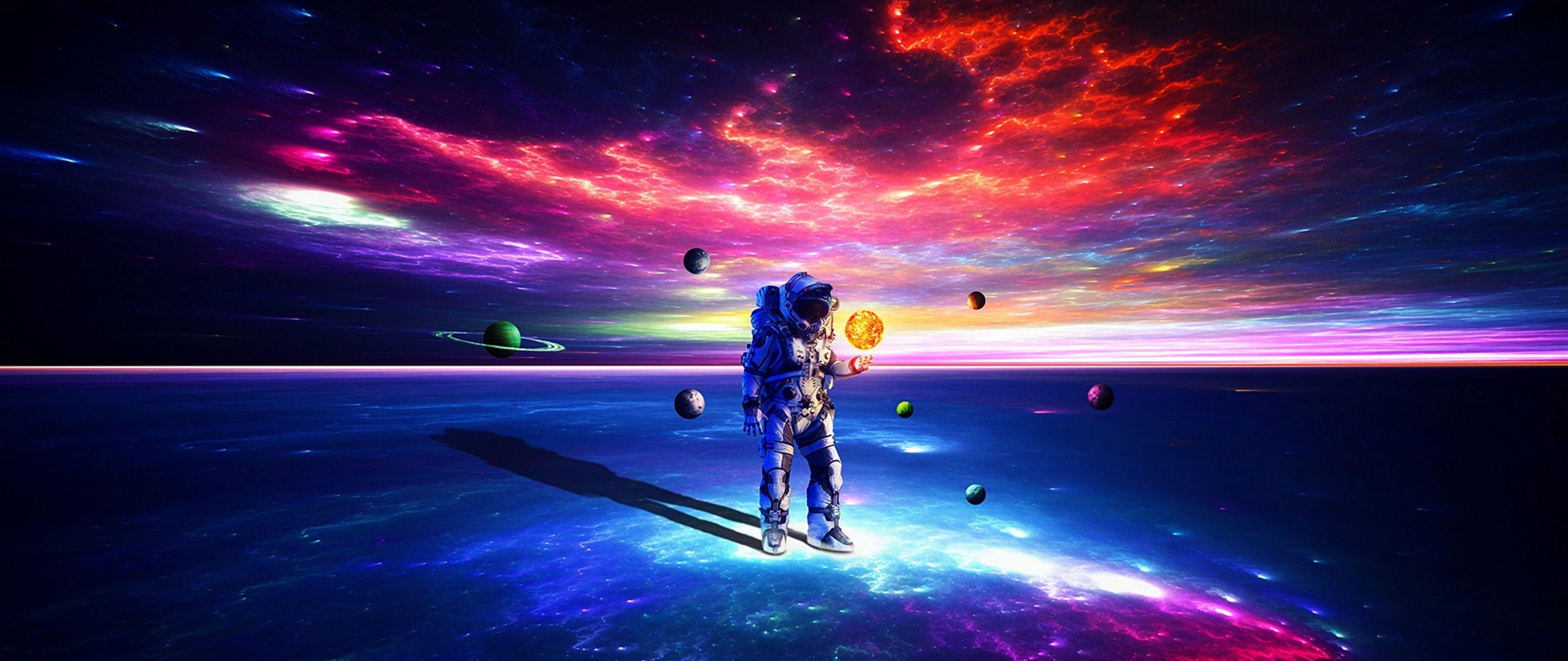 5120x2160 Cosmonaut walking on planets HD Wallpaper 4K Ultra HD Wide TV