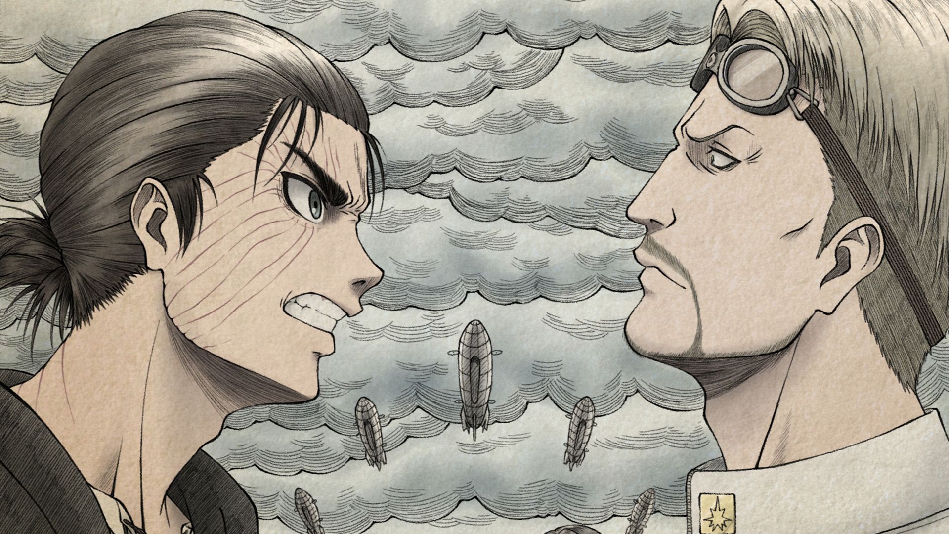 1920x1080 Attack On Titan Eren Yeager Reiner Braun With Background Of Clouds And Spaceships HD Anime Wallpaper