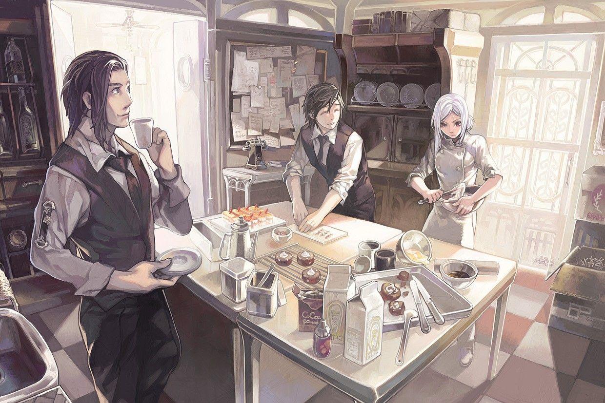 1240x827 #anime girls, #anime boys, #kitchen, #artwork, # white hair, #cook wallpaper