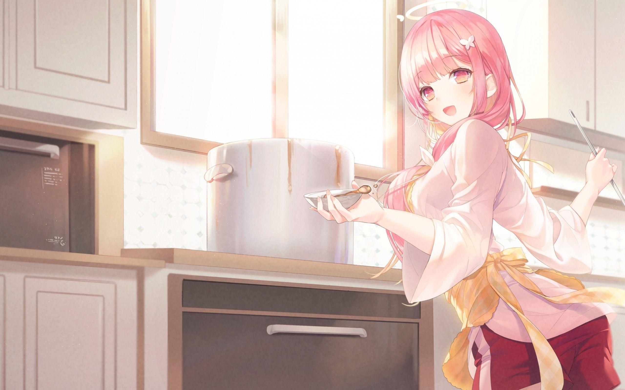 2560x1600 Tải xuống 2560x1600 Cô gái trong anime, Nấu ăn, Nhà bếp, Tóc hồng, Hình nền tươi cười cho MacBook Pro 13 inch