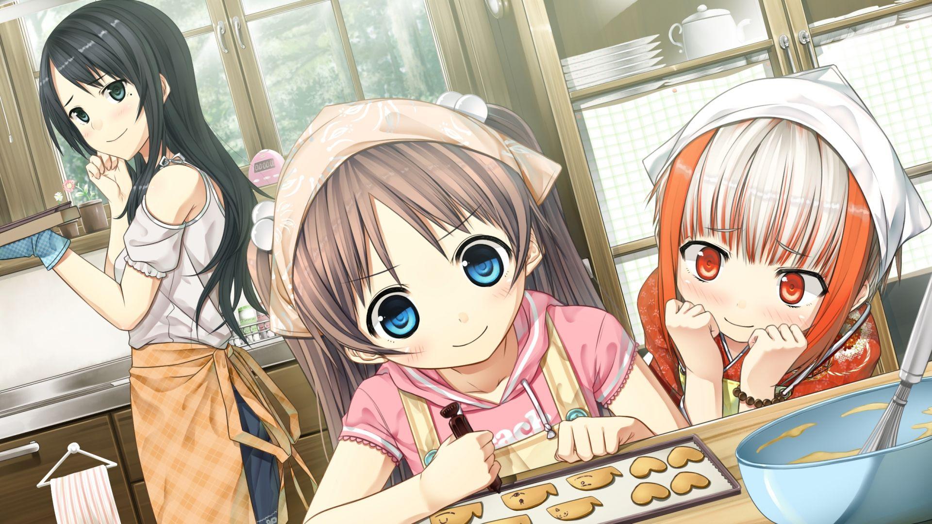 1920x1080 Hình nền monobeno, sawai natsuha, Sumi, con gái, dễ thương, nụ cười, bột, phòng bếp