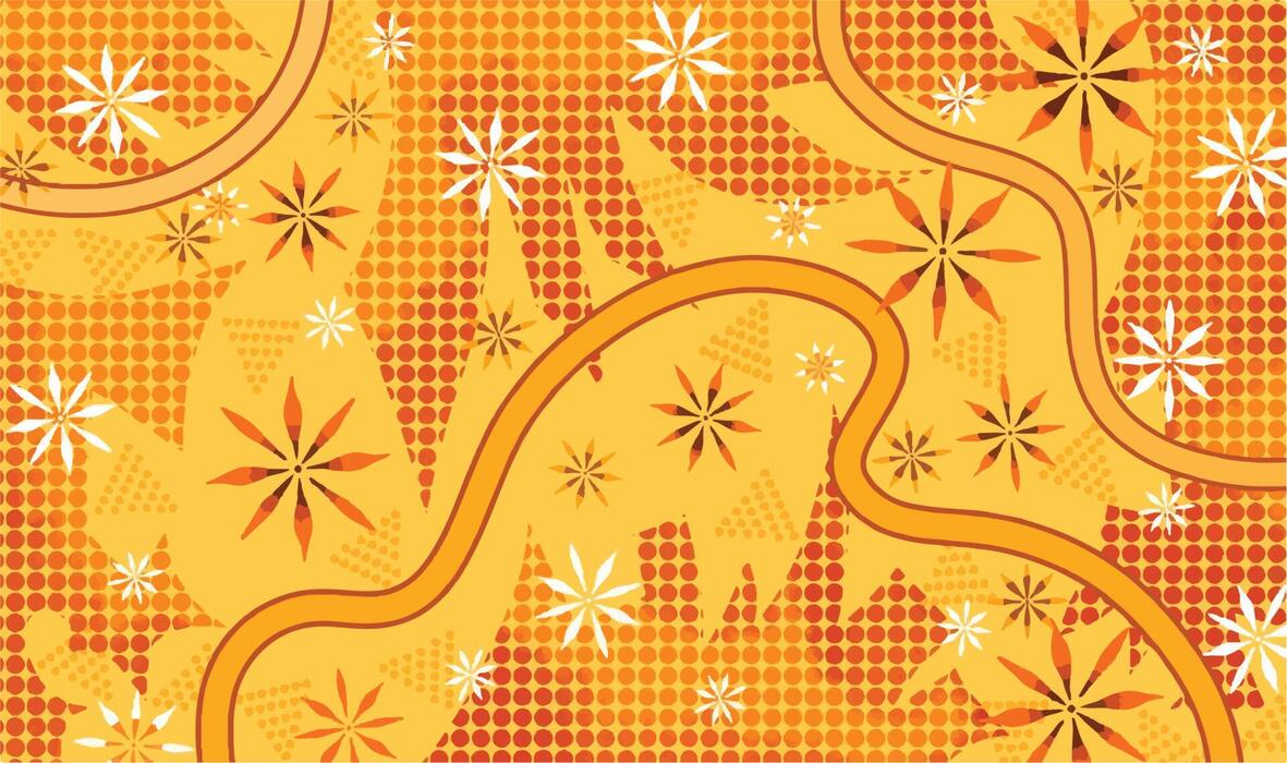 1181x700 Yellowish orange colored vector background with abstract flower, polkadots, and lines decorations isolated on horizontal template. Simple flat art styled wallpaper or backdrop concept idea