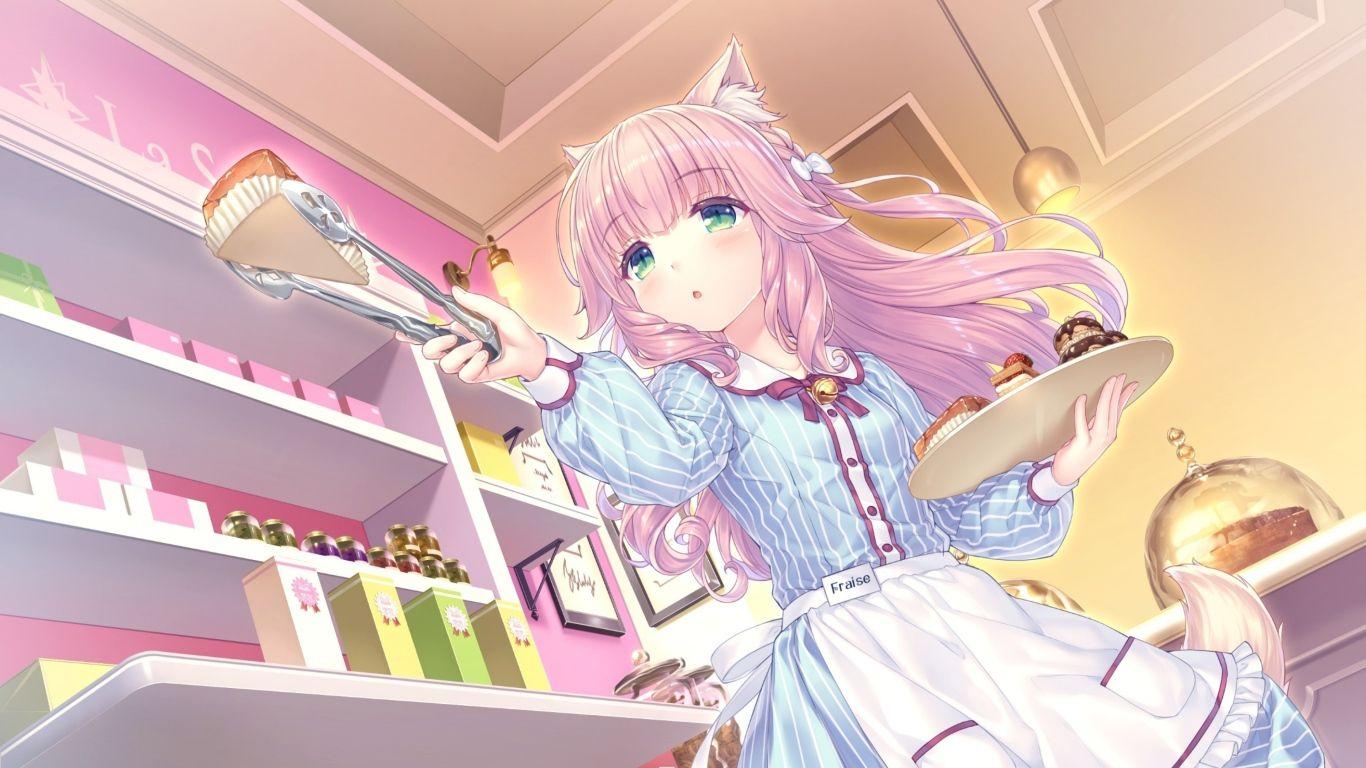 1366x768 Anime cô gái tóc hồng trong nhà bếp Hình nền máy tính 1366x768