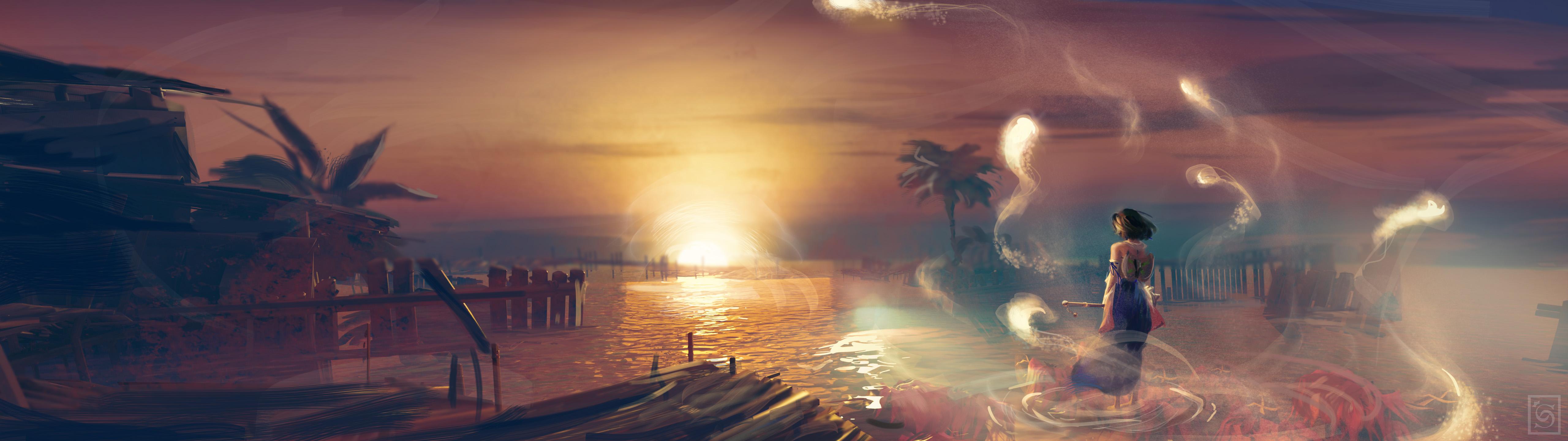 5120x1440 Yuna illustration set from an animated live wallpaper scene I am working on