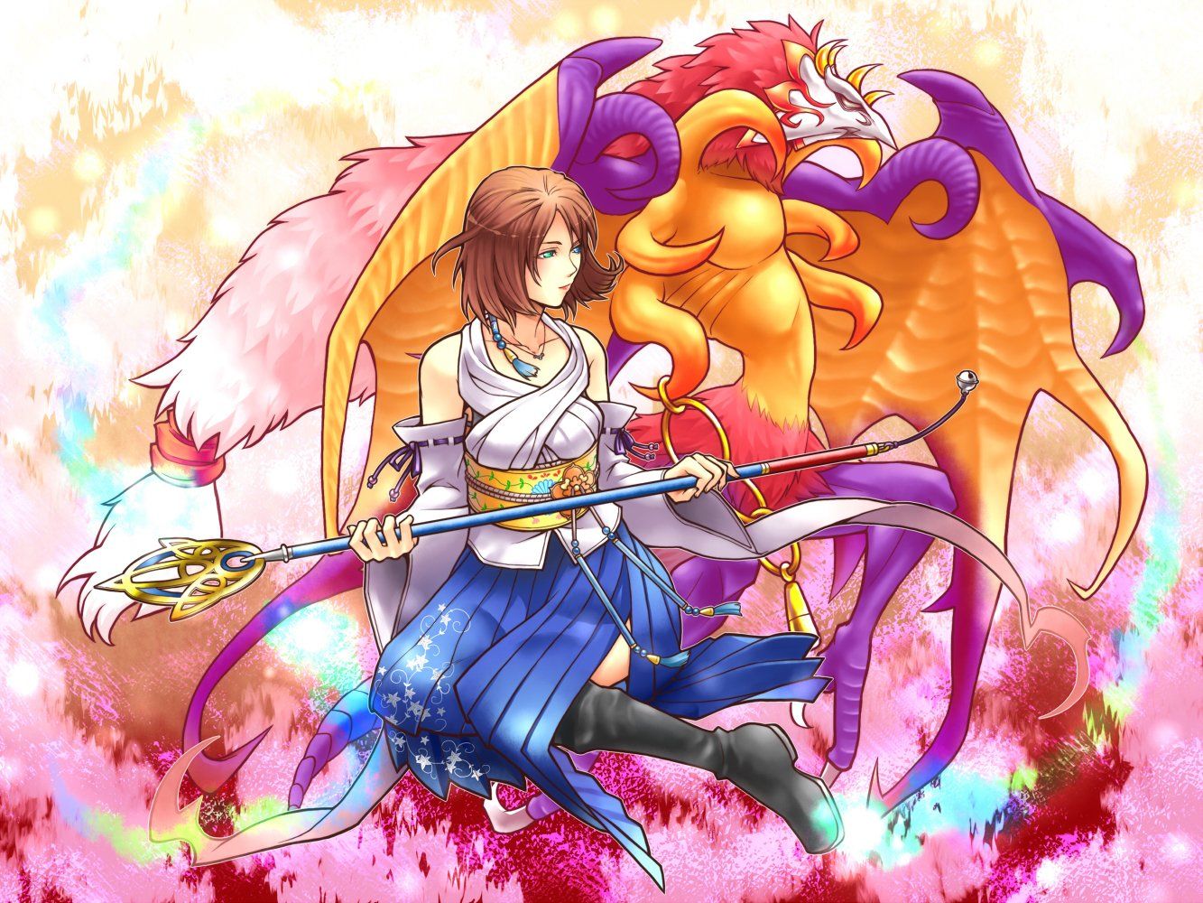 1333x1000 Final Fantasy X 2 HD Wallpaper: Yuna And Ifrit In Vibrant Actionx1000