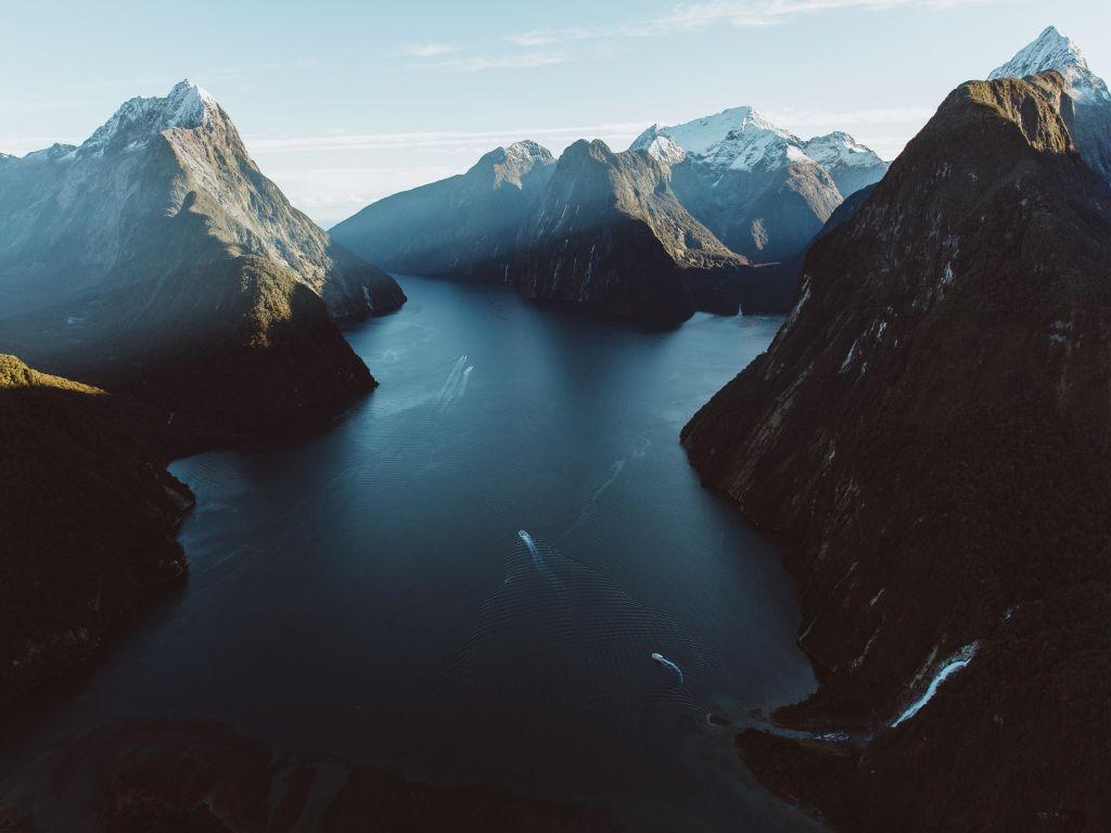 1024x768 Desktop wallpaper milford sound, fjord, new zealand, coast, mountains, HD image, picture, background, 6c7687