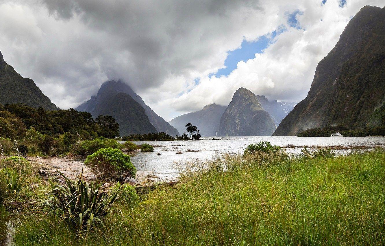1332x850 Wallpaper greens, grass, clouds, trees, mountains, river, rocks, New Zealand, Milford Sound, Fiordland National Park image for desktop, section пейзажи
