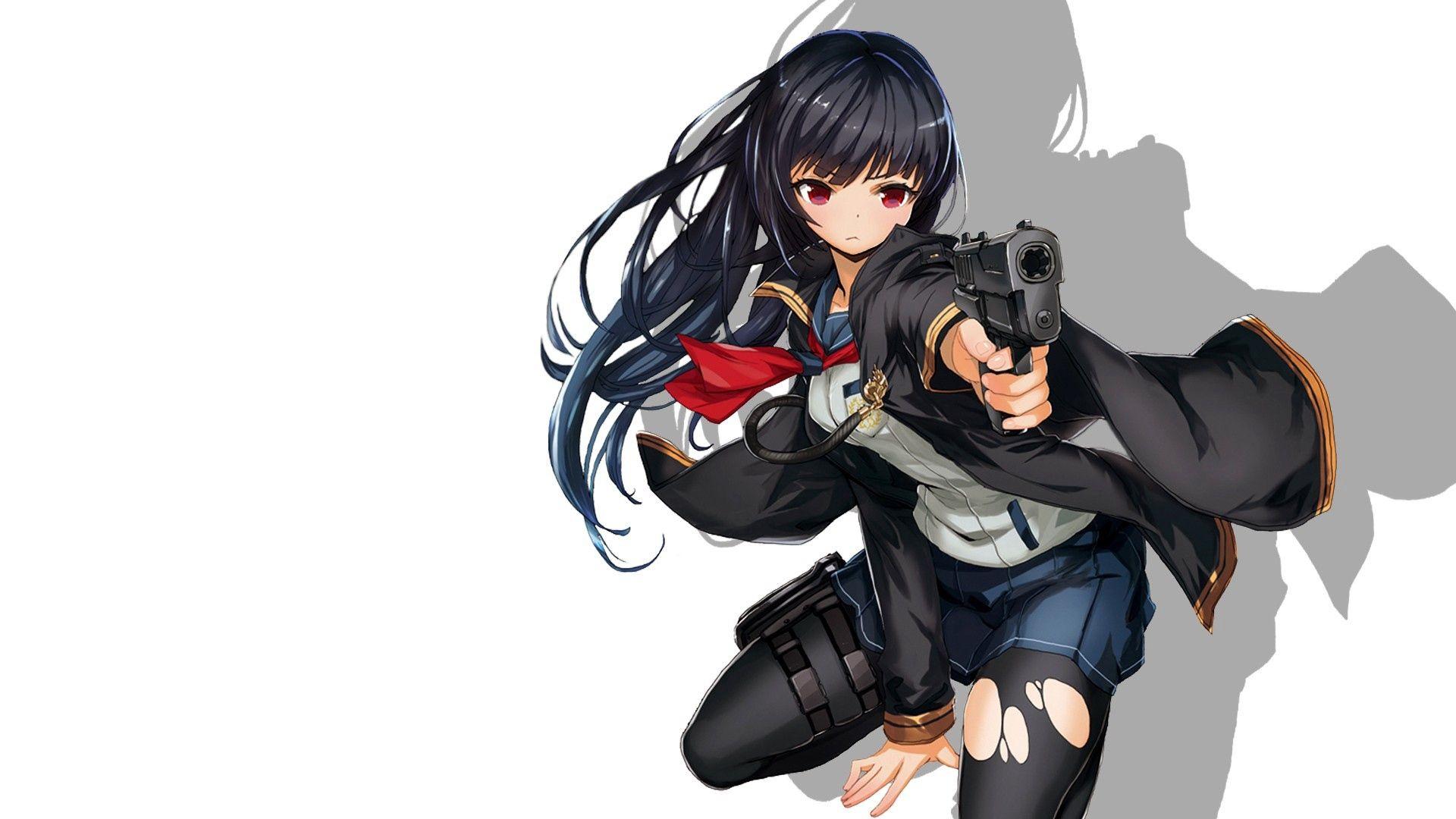1920x1080 Black Hair Anime Girl With Gun Wallpaper & Background Download