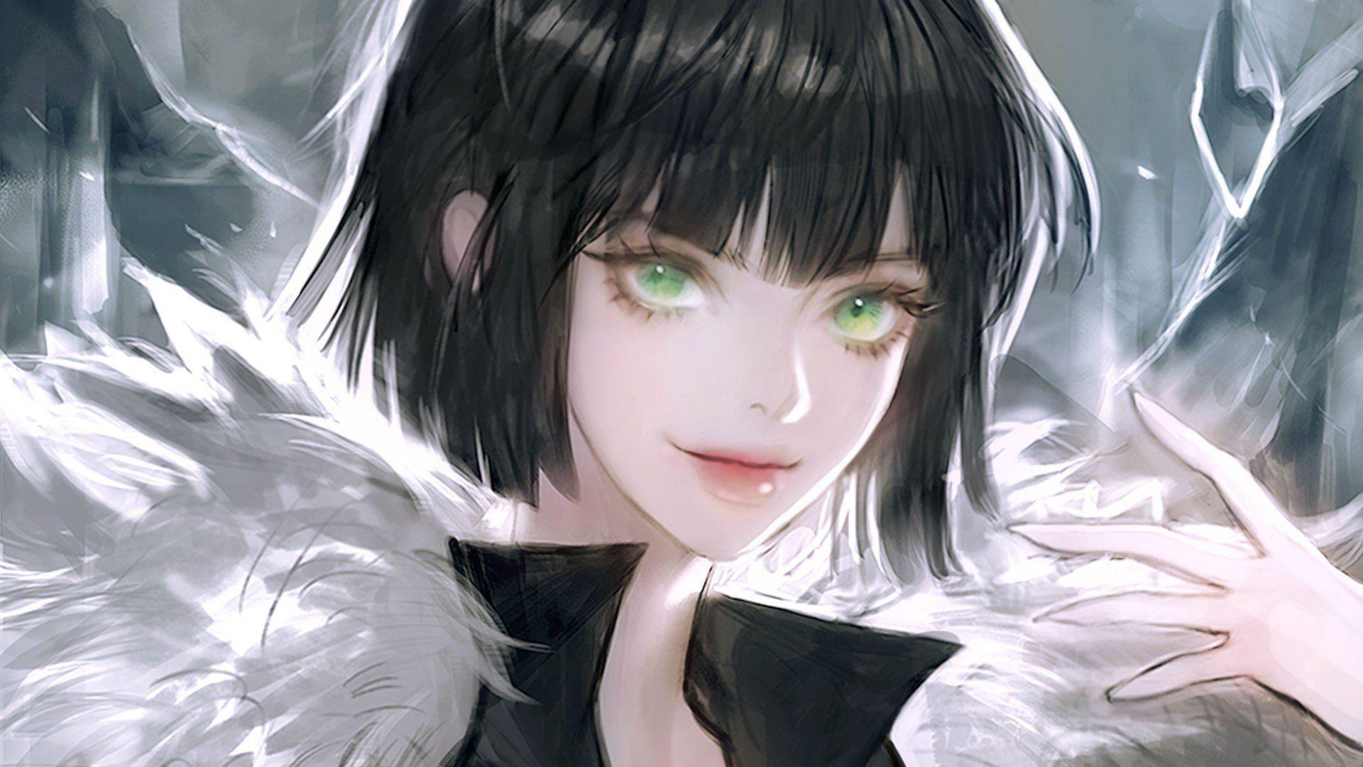1920x1080 px black haired anime girl Green Eyes One Punch Man