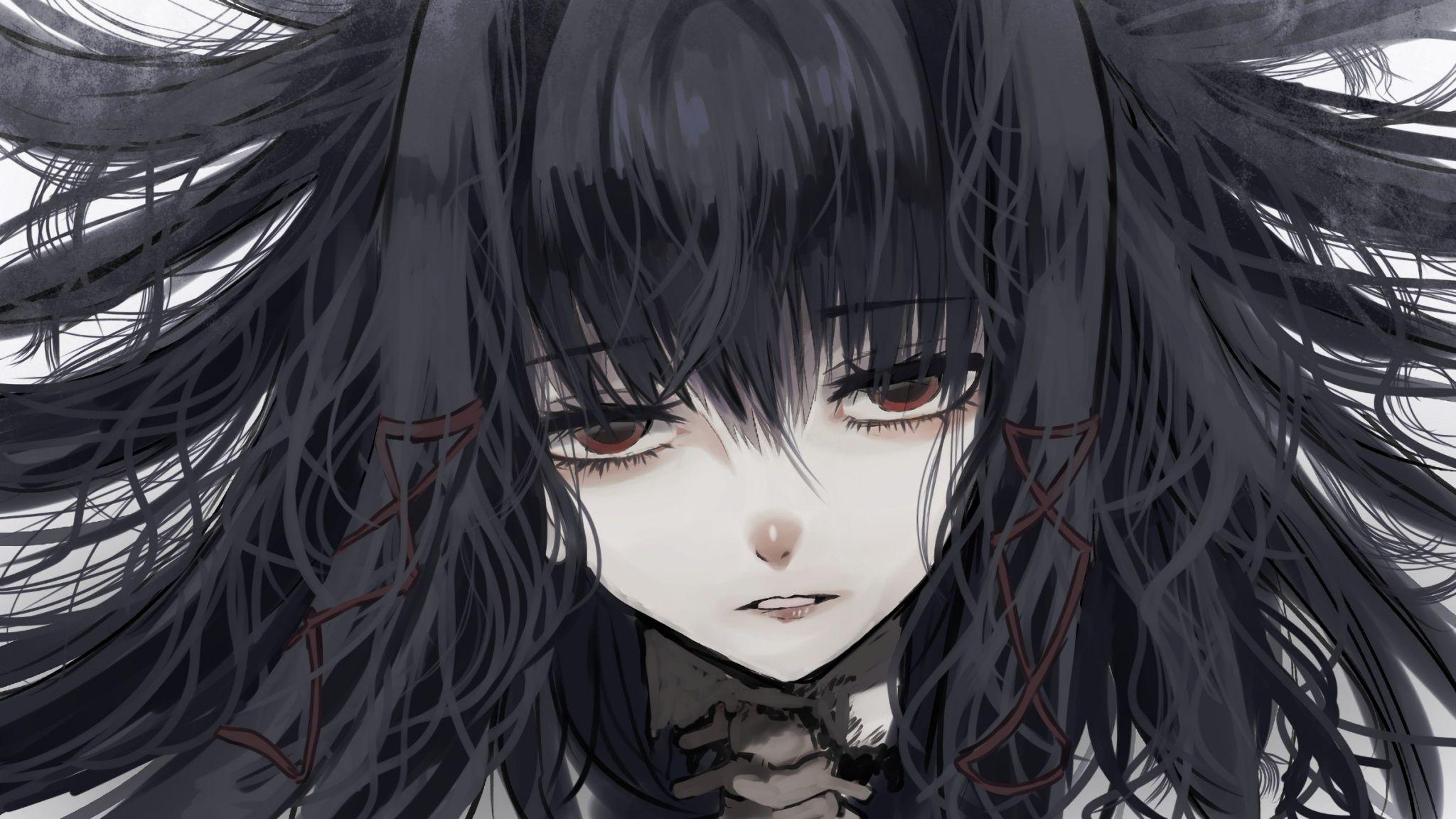 2048x1152 Wallpaper Black Hair, Close Up, Gothic, Depressed, Anime Girl