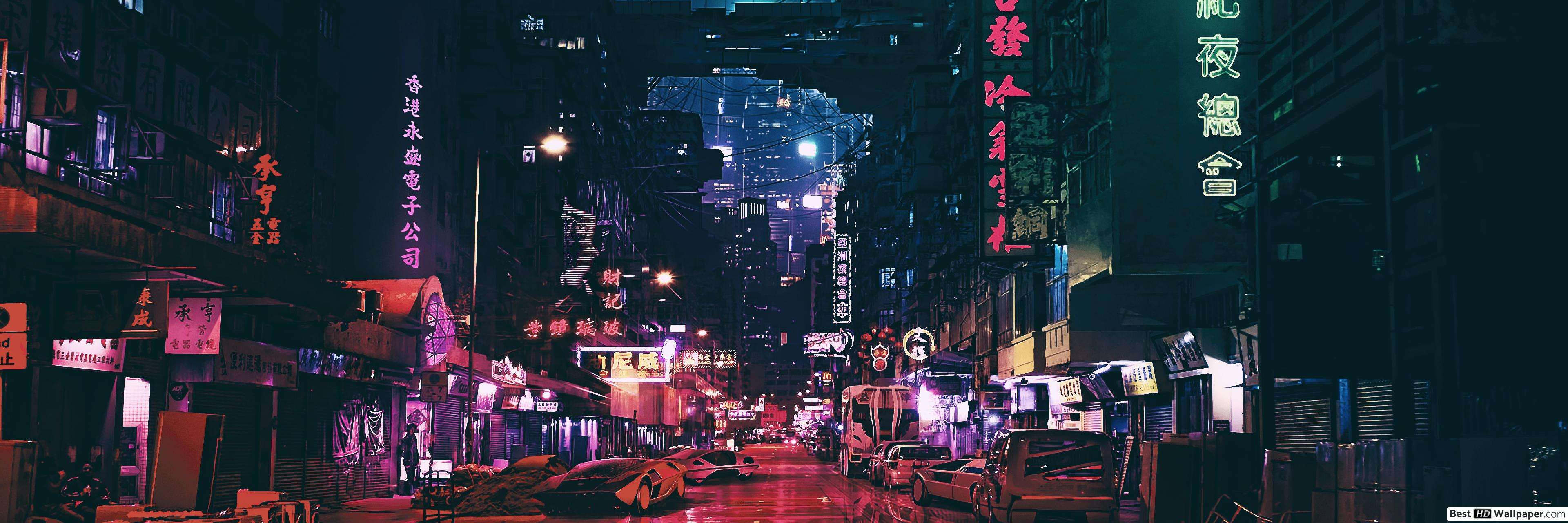 3840x1280 City Neon Dual Monitor Wallpaper