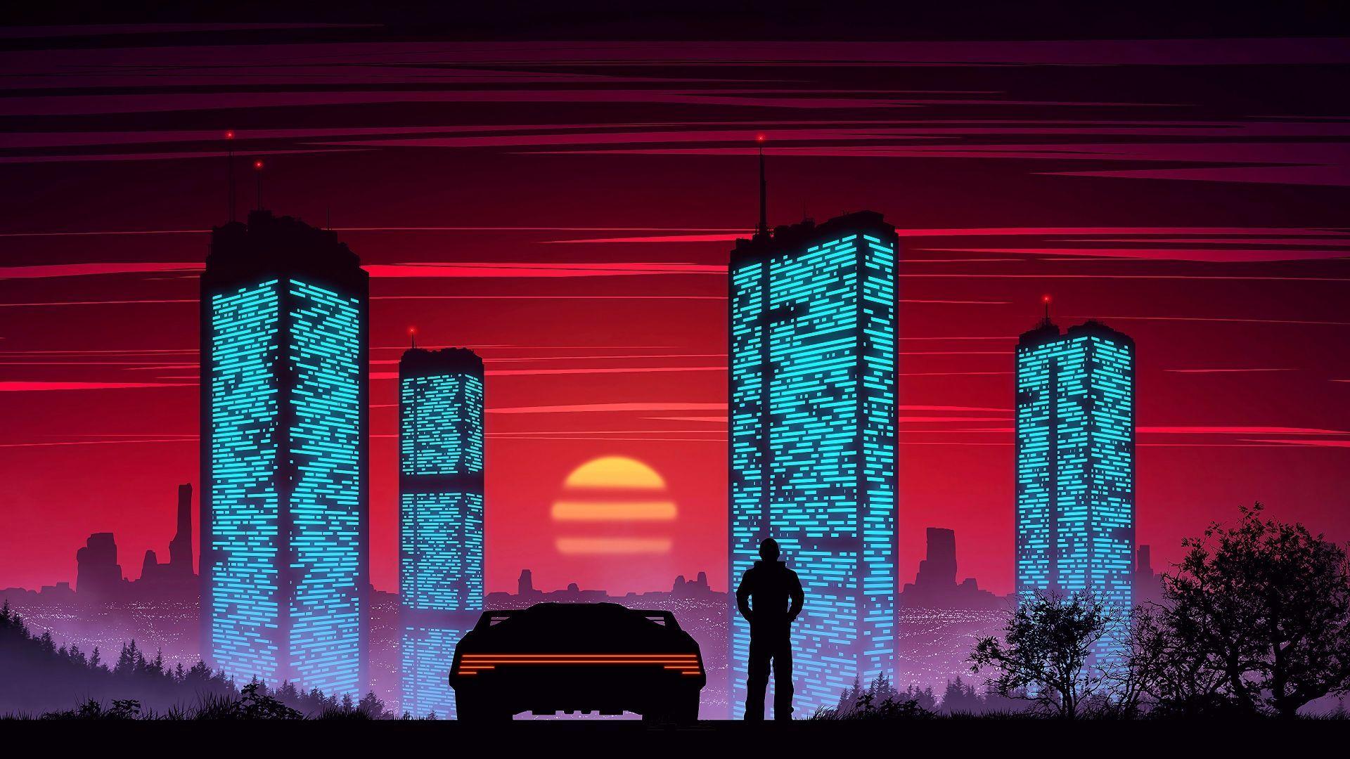 1920x1080 Cyber City Sunset [1920x1080]. Sunset city, Digital painting, Wallpaper
