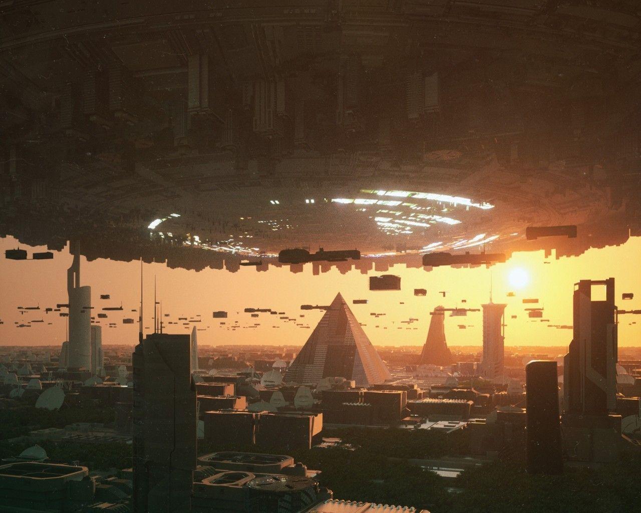 1280x1024 Download 1280x1024 Giant Spaceship, Cybercity, Futuristic City, Buildings Wallpaper
