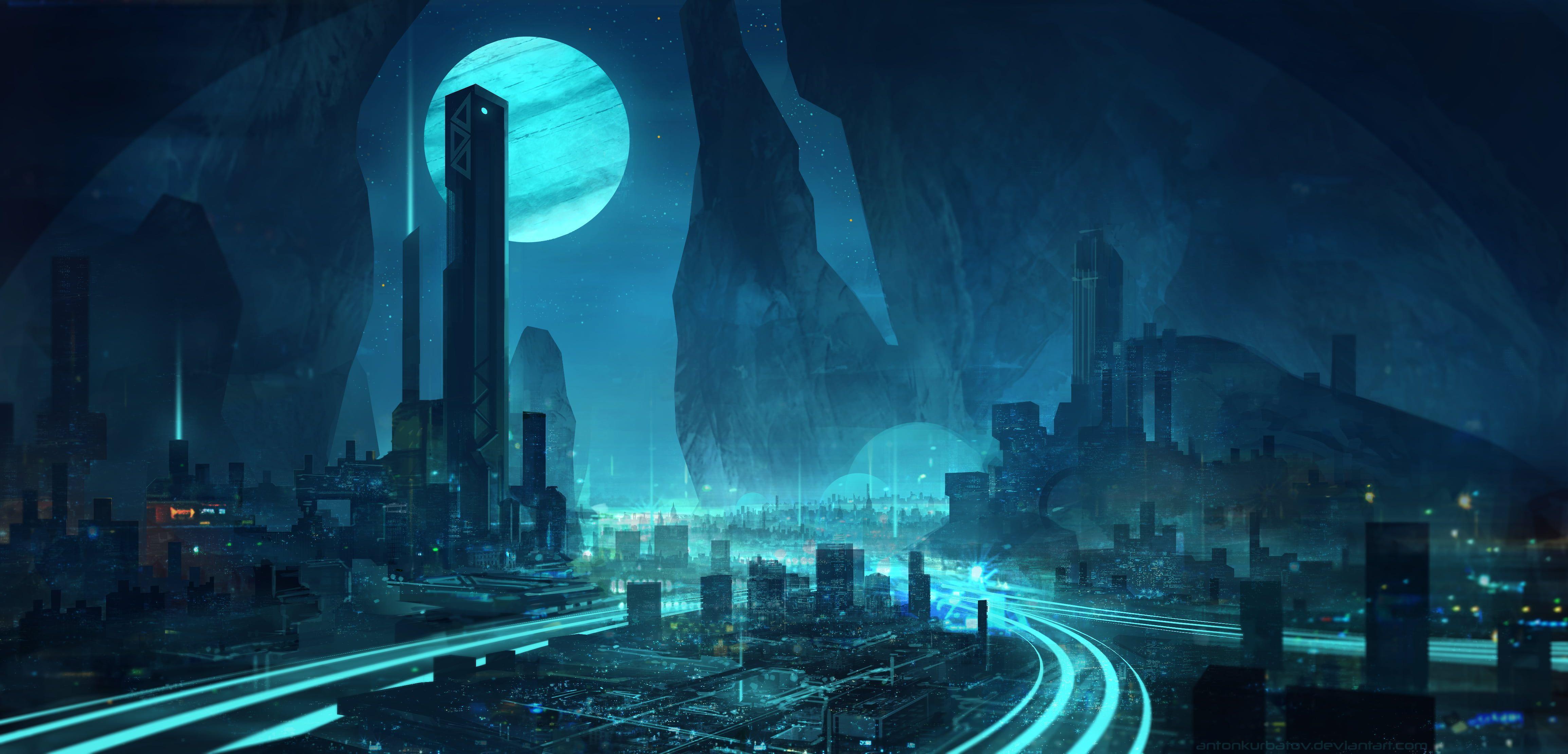 4618x2220 digital digital art #artwork #drawing digital painting #illustration #lights #blue #cyan #city #cityscape #land. Digital painting, Blue digital art, HD wallpaper