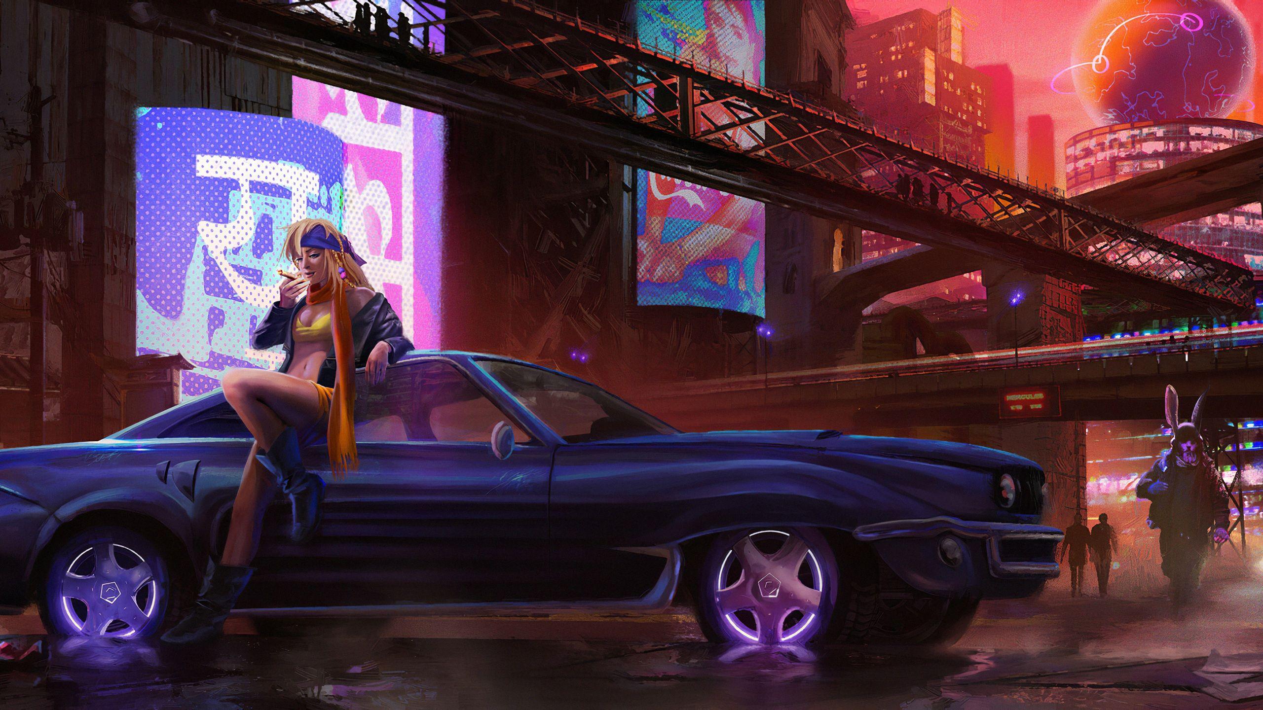 2560x1440 Wallpaper 4k Cyber City Girl With Car