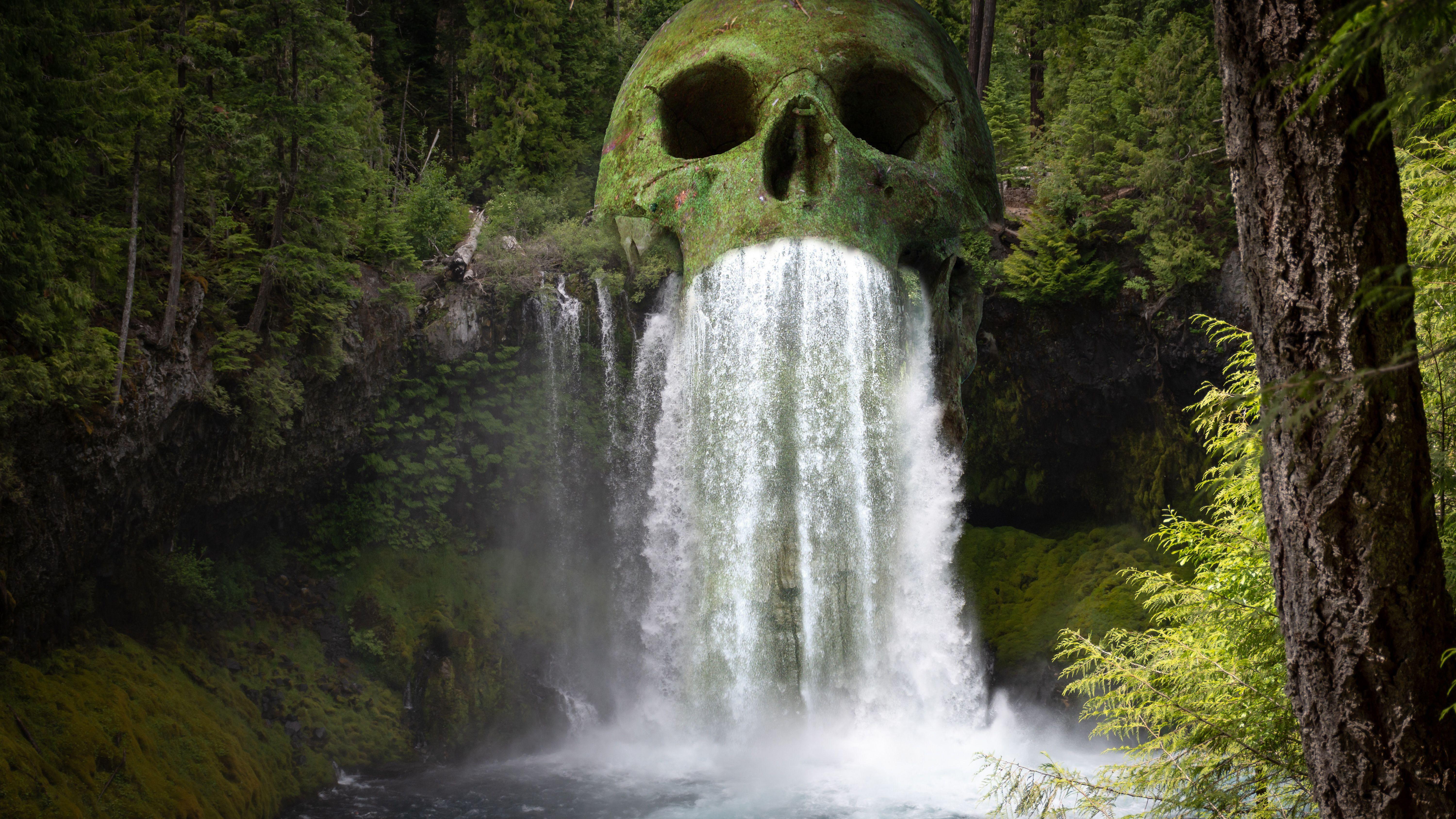 6000x3375 Mystic Skull Waterfall Forest 4K 5K Wallpaper
