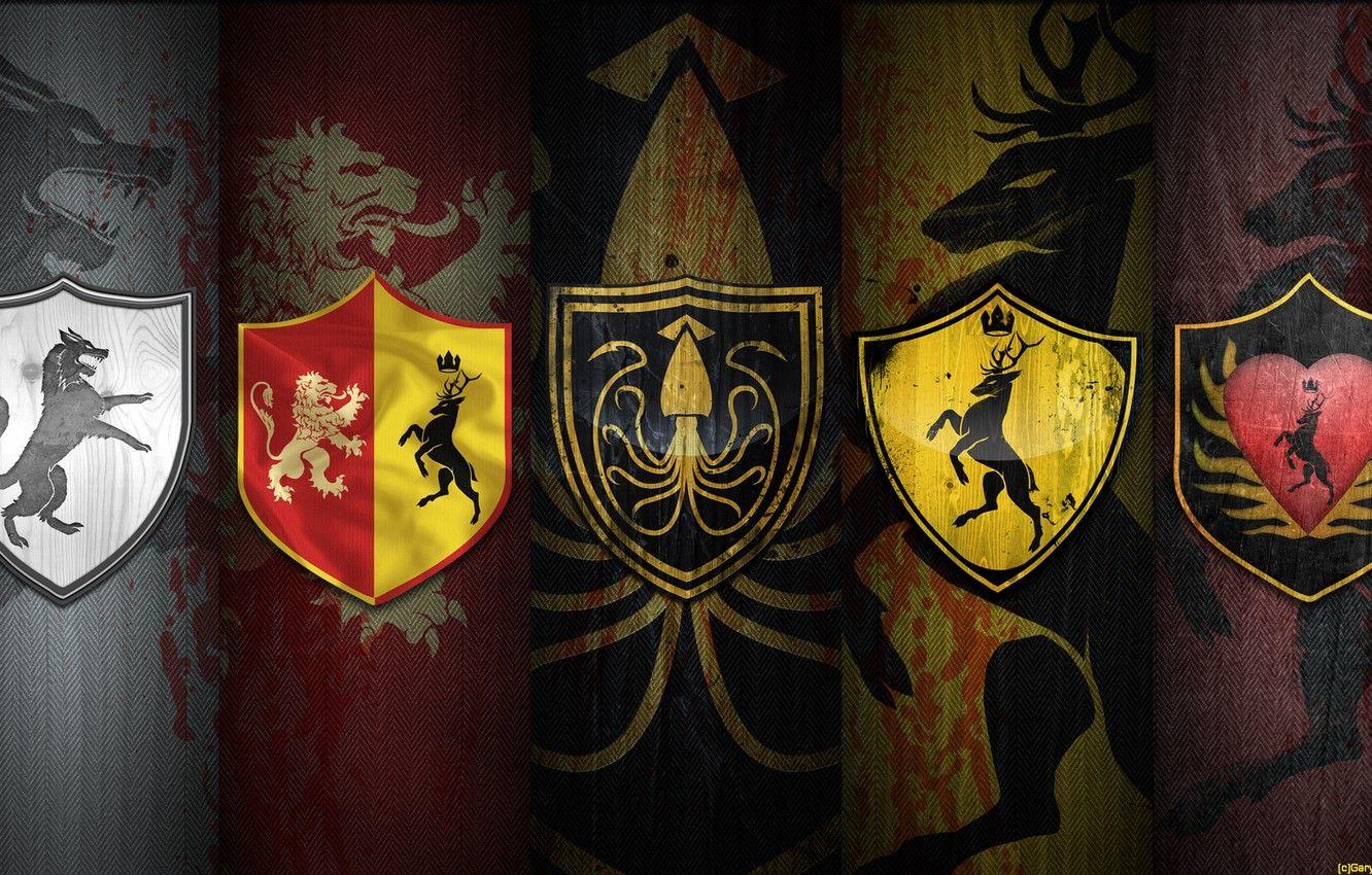 1332x850 Wallpaper wolf, Leo, deer, octopus, coat of arms, A Song of Ice and Fire, Game of thrones, Stark, Game of thrones, A song of ice and fire, Stark, Greyjoy, Greyjoy, Baratheon, Baratheon