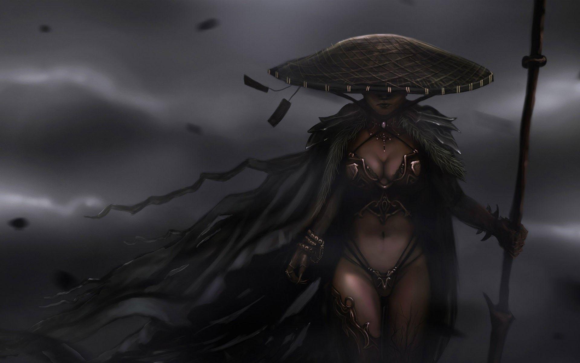 1920x1200 women fantasy storm cleavage samurai hat fantasy art cloak artwork warriors silkroad staff conical h