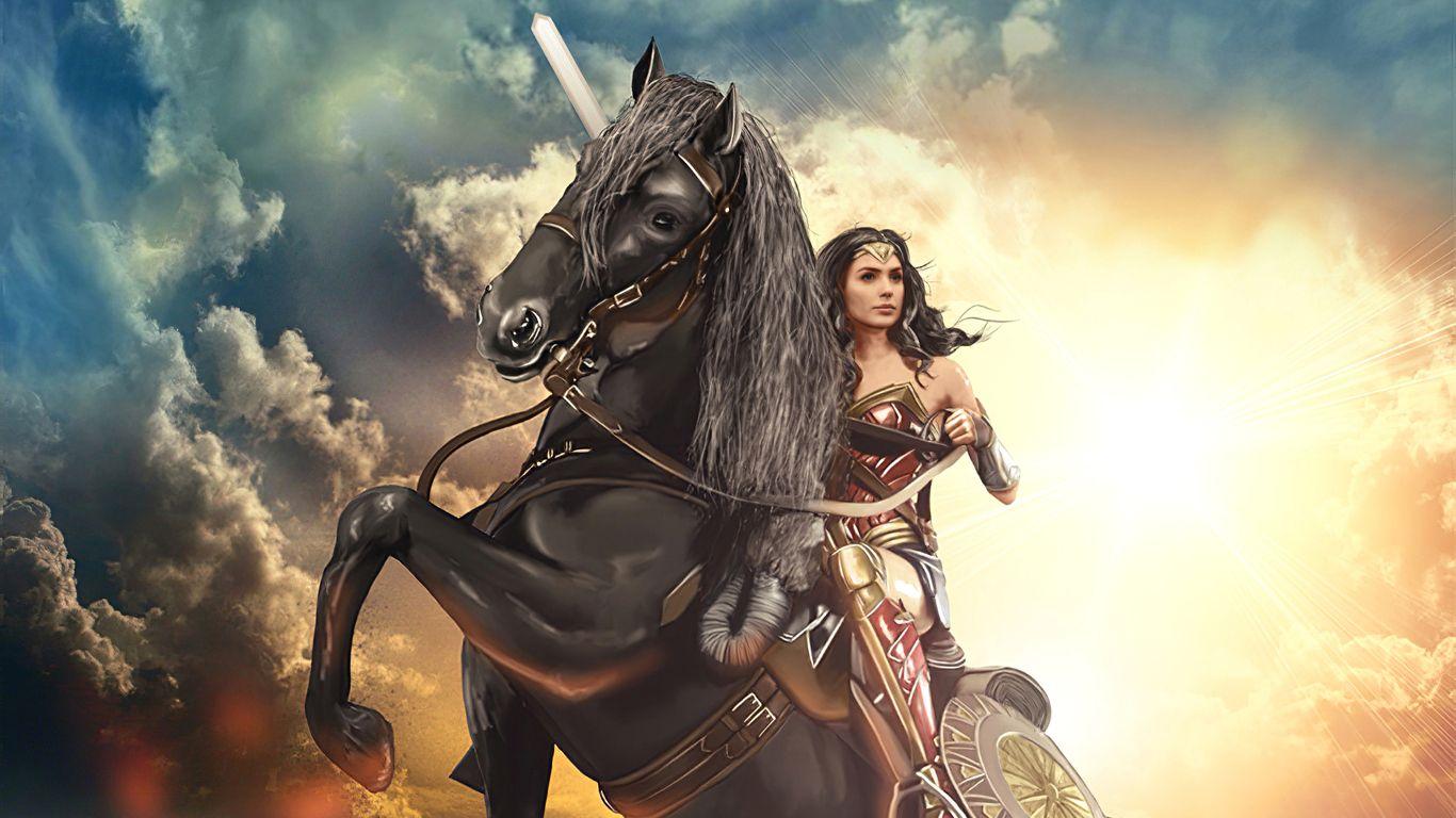 1366x768 Wonder Woman On Horse 1366x768 Resolution HD 4k Wallpaper, Image, Background, Photo and Picture