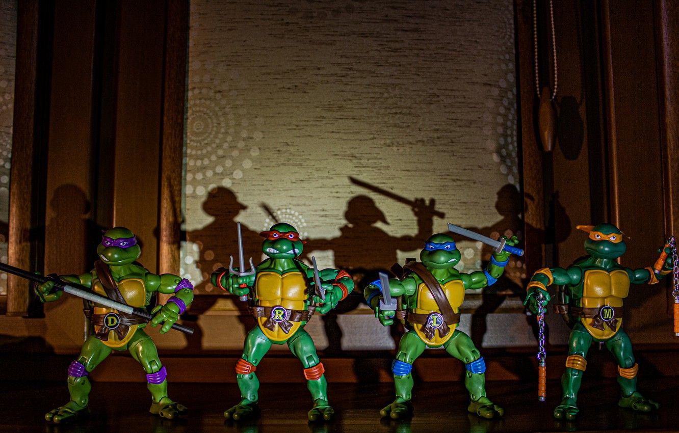 1332x850 Wallpaper toy, cartoon, shadow, figures, Donatello, Michelangelo, turtles, mutant ninja turtles, TMNT, Leonardo, teenage mutant ninja turtles, ninja, shadow, Rafael image for desktop, section фантастика