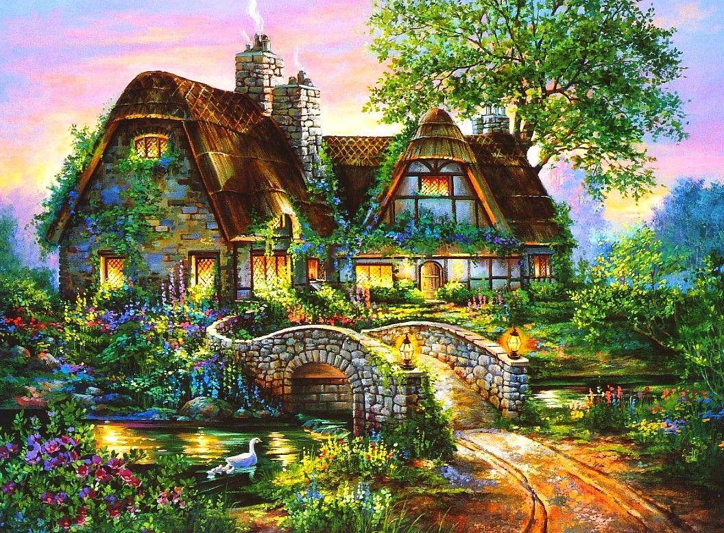 1056x778 Other, Lovely, Cottage, Colorful, Fields, Light, Tree, Amazing, Flowers, Colors, Bridge, Splendid, Nature, Beautiful, Pretty, House, V