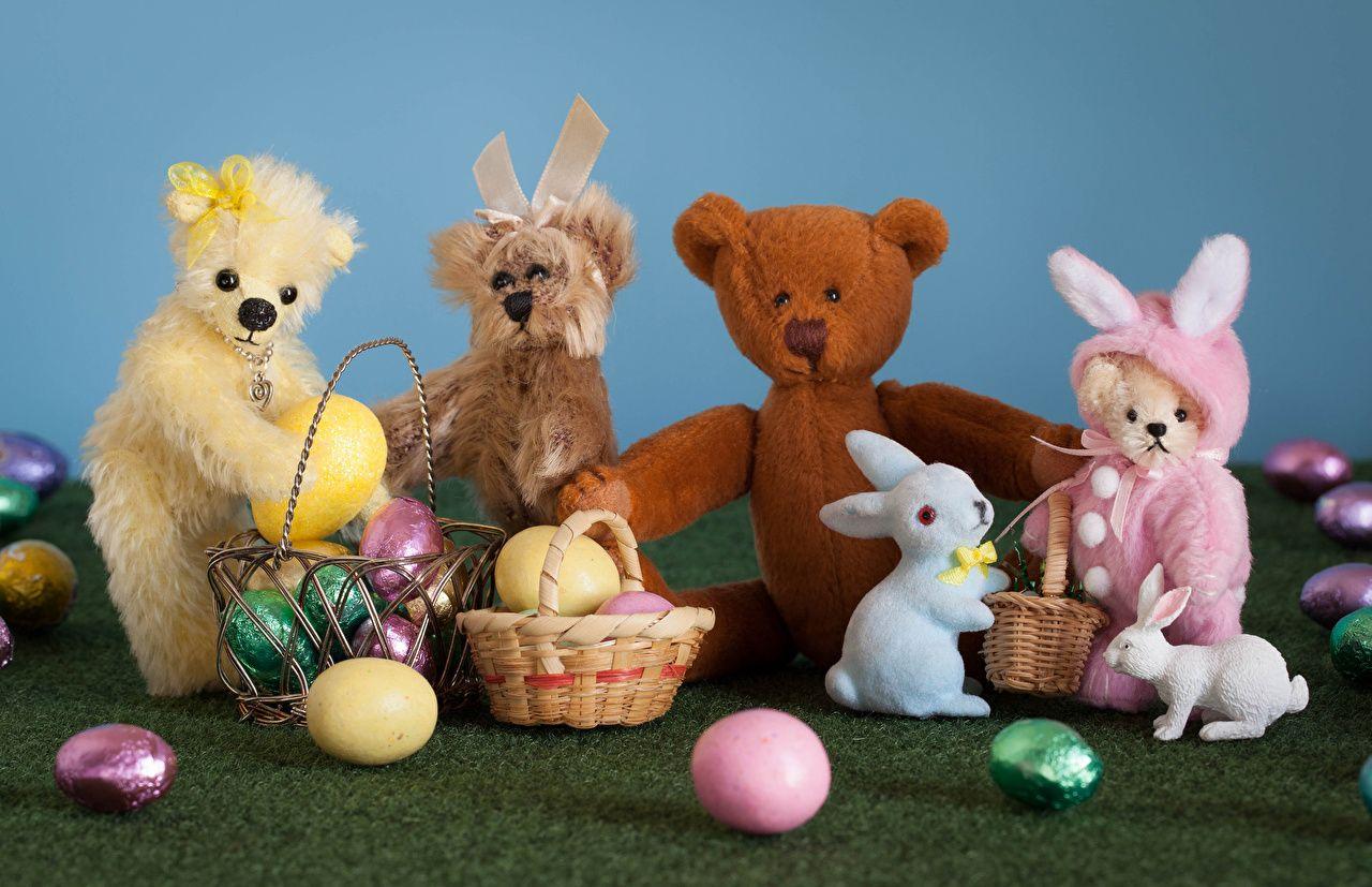 1280x827 Desktop Wallpaper Easter rabbit Eggs Teddy bear Wicker basket Toys