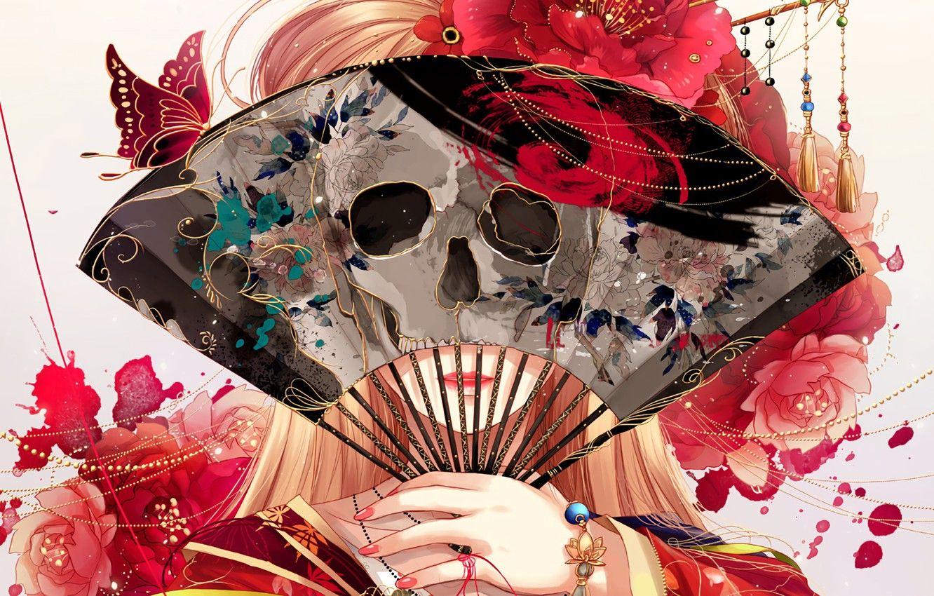 1332x850 Photo Wallpaper Butterfly, Flowers, Face, Skull, Hand, Girl Anime Hand Fan