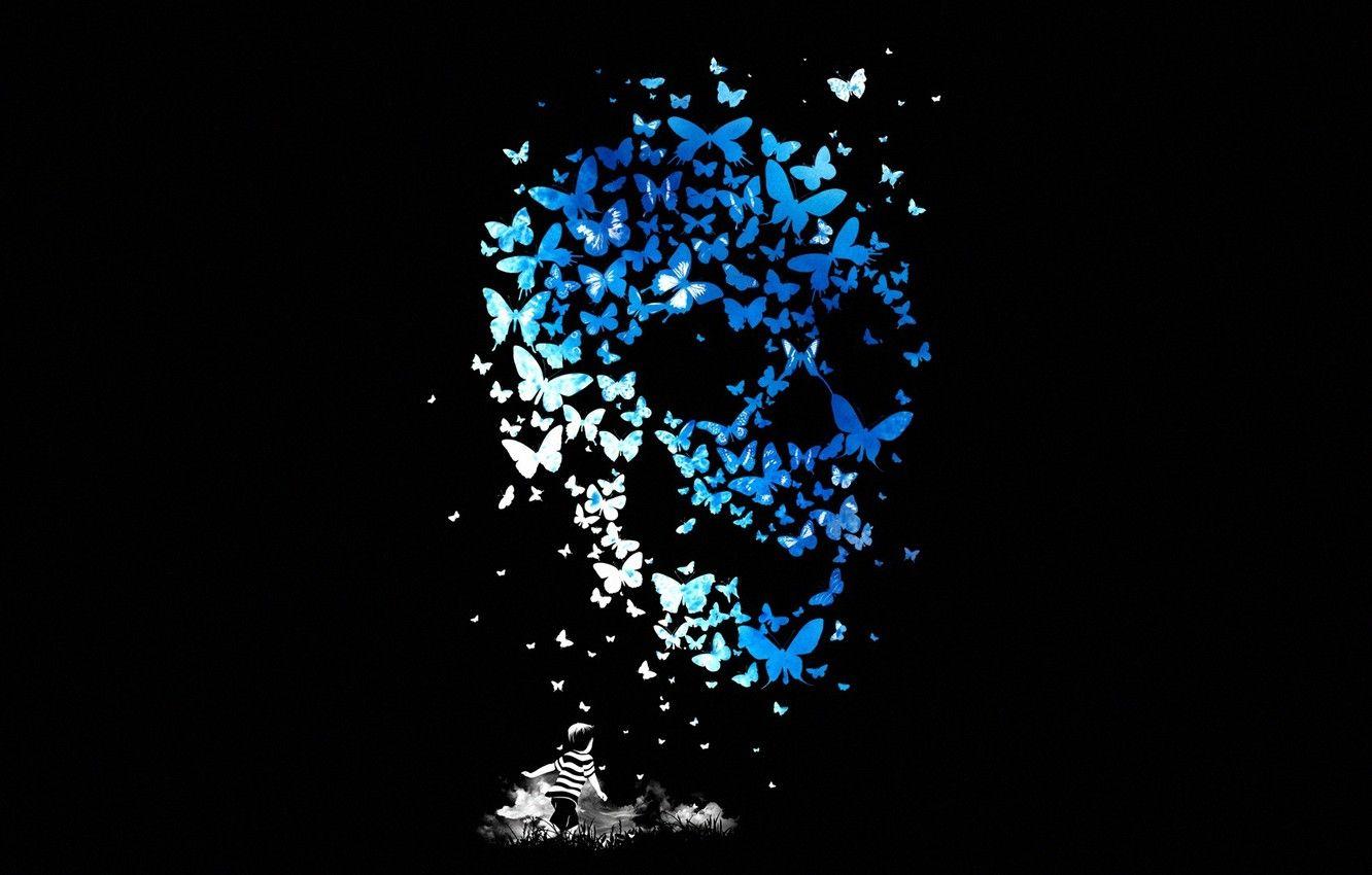 1332x850 Wallpaper Skull, Butterfly, Child, Sake, Mathiole, Matheus Lopes Castro, Butterflys, Kid image for desktop, section минимализм