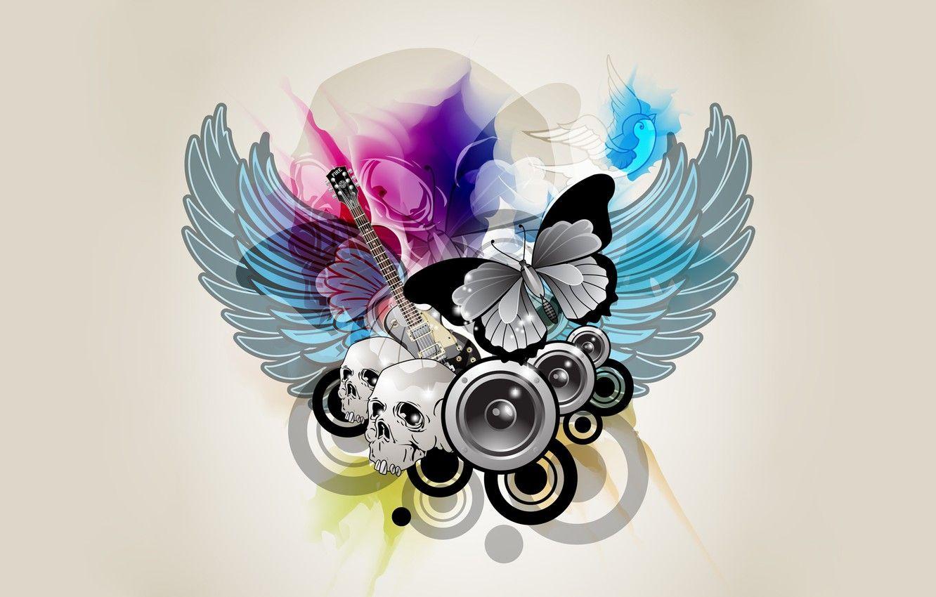 1332x850 Wallpaper colors, abstract, guitar, minimalism, bird, skulls, butterfly, Grunge, artwork, simple background image for desktop, section минимализм