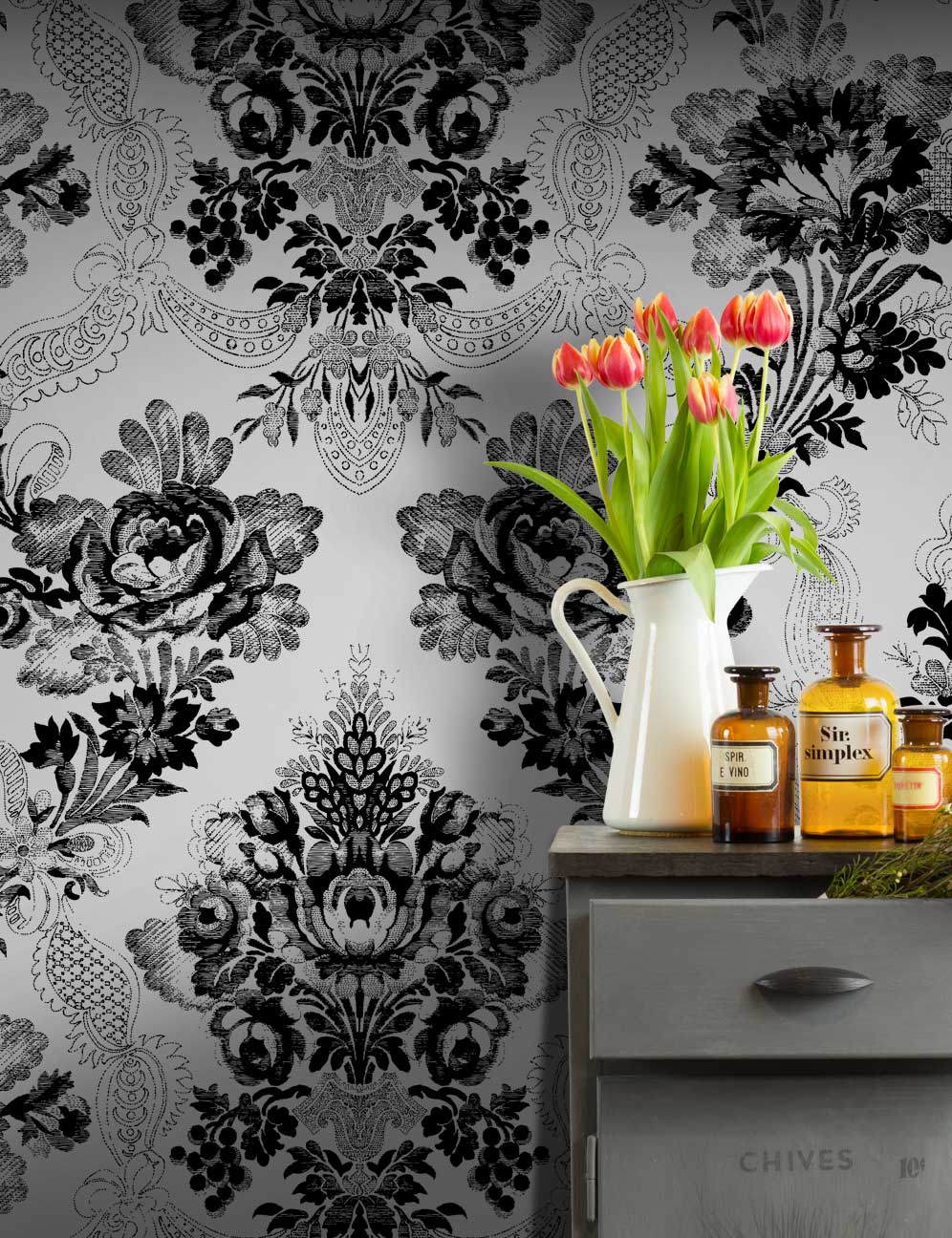 996x1296 Black & White Vintage Damask Wallpaper
