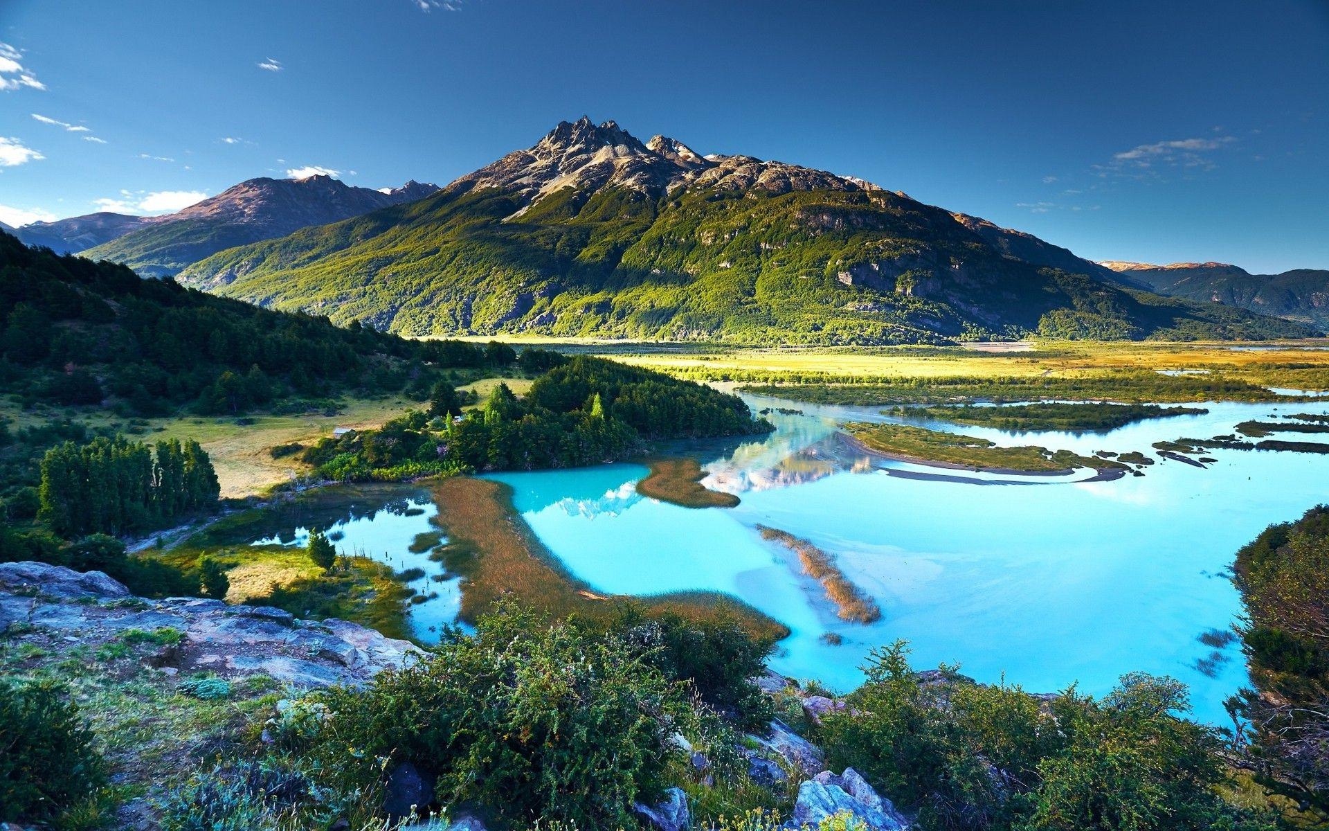 1920x1200 nature, Landscape, Chile, River, Shrubs, Mountain, Trees, Patagonia, Turquoise, Water, Sunset, Summer Wallpaper HD / Desktop and Mobile Background