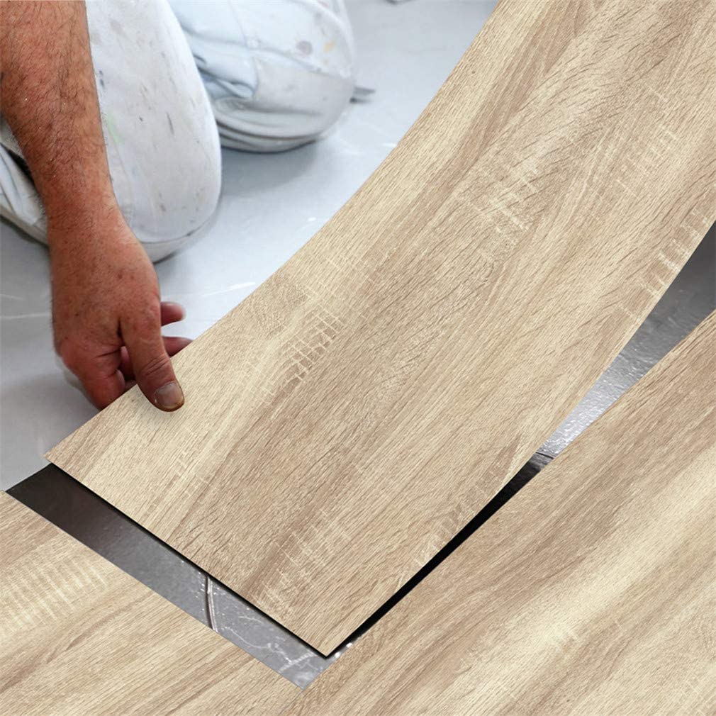 1010x1010 Thicken PVC Wood Grain Flooring Tiles Stickers Waterproof Wood Textured Adhesive Wallpaper for Door Floor Table and Wall, Sandal Wood 118 X 7.87 Inch